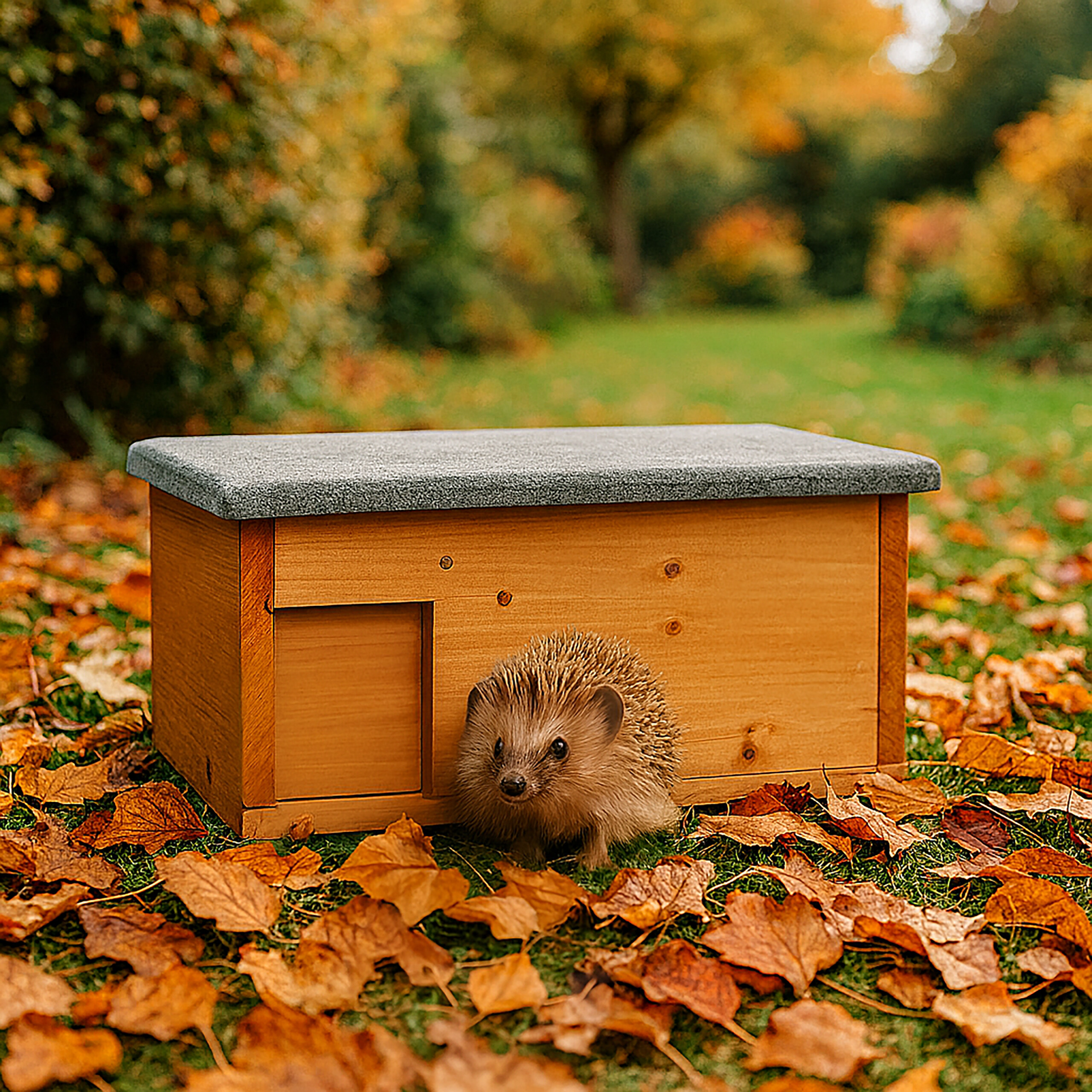 Ein kleiner Igel steht im herbstlichen Laub vor einem hölzernen Igelhaus im Garten.