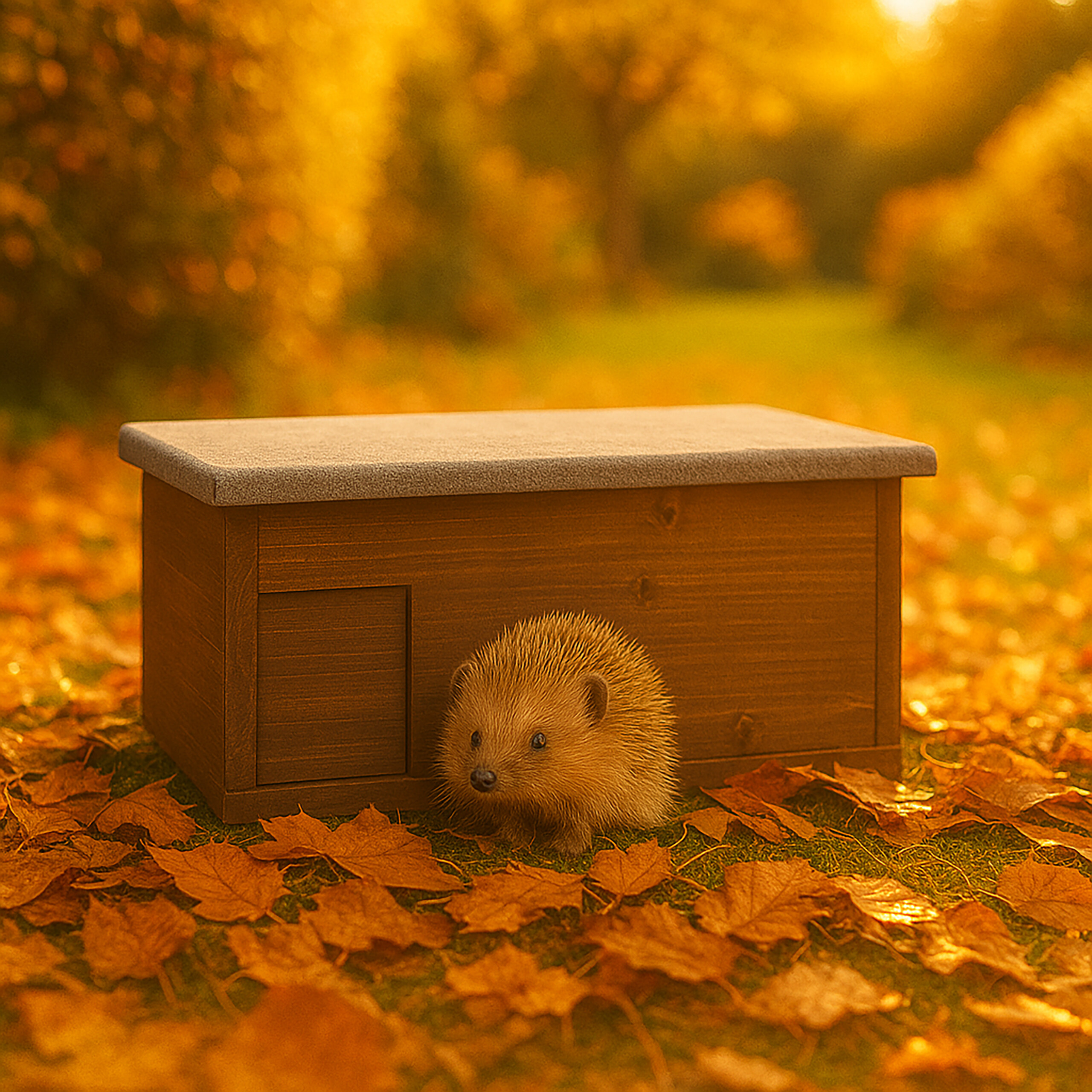 Ein kleiner Igel steht im Herbstlaub vor einem hölzernen Igelhaus mit flachem Dach.