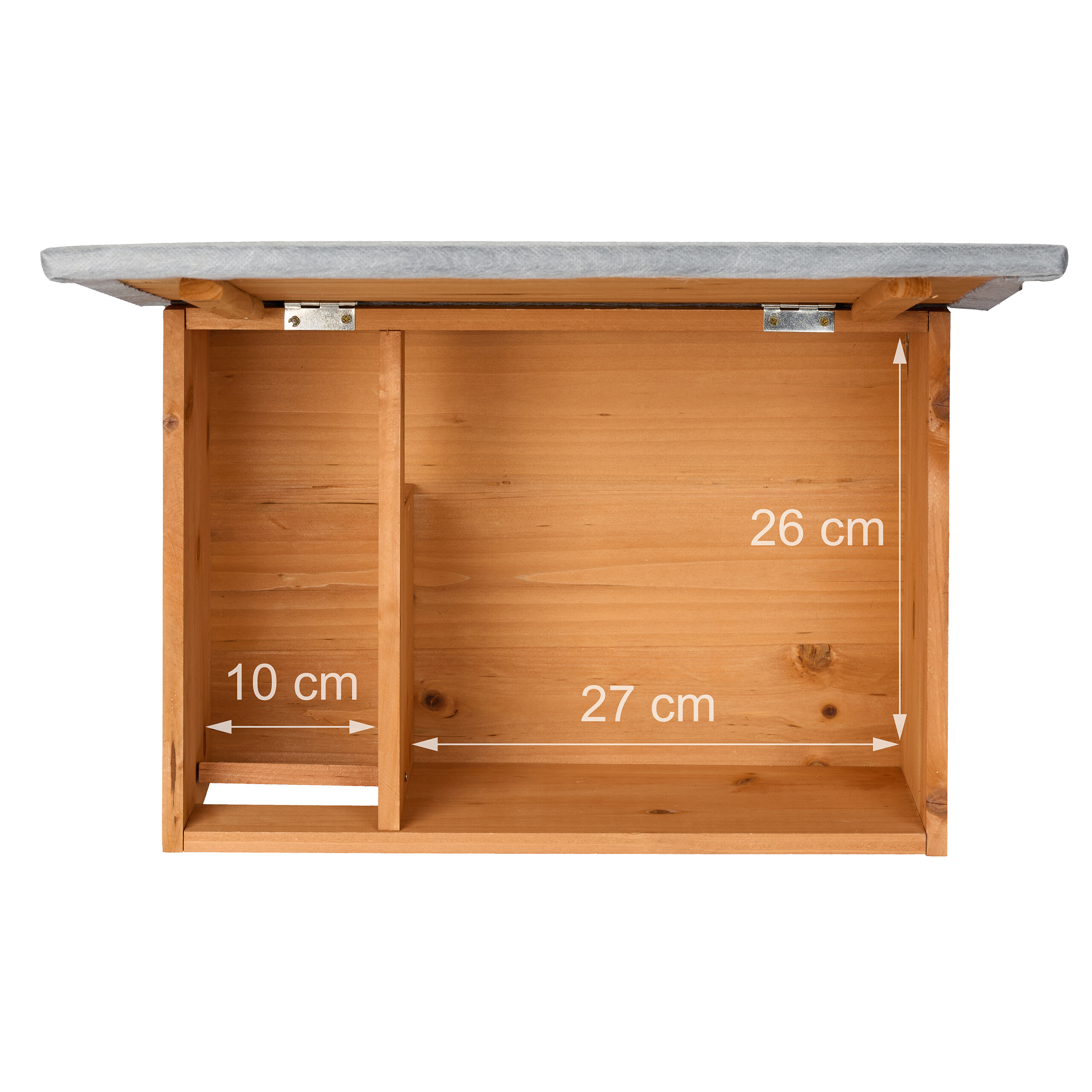 Offene Holzbox mit grauem Deckel und Maßen: Höhe 26 cm, kleinere Kammer 10 cm, große Kammer 27 cm.
