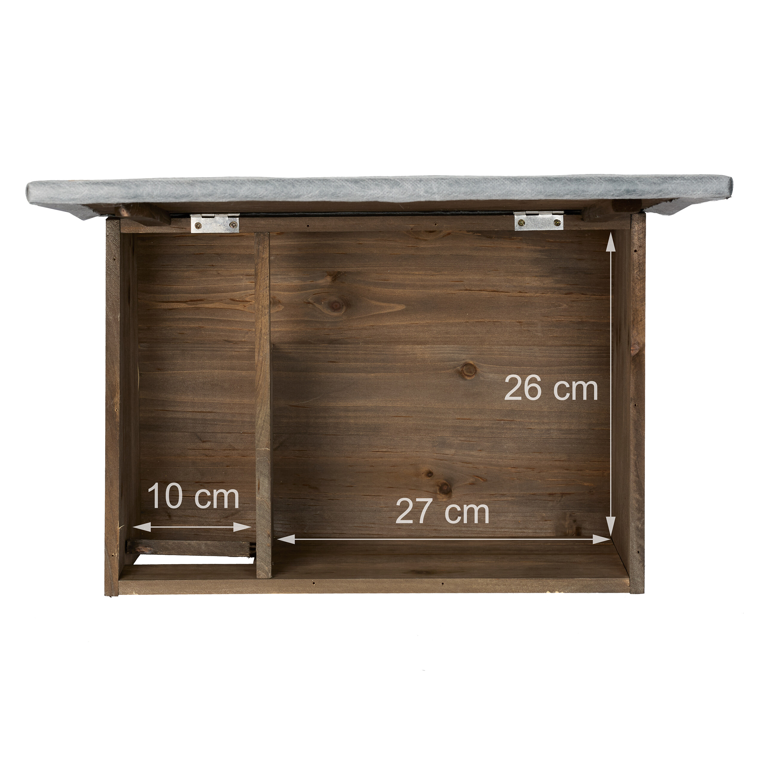 Offener Holzkasten mit Maßen: 10 cm, 27 cm und 26 cm, und einem grauen Deckel.