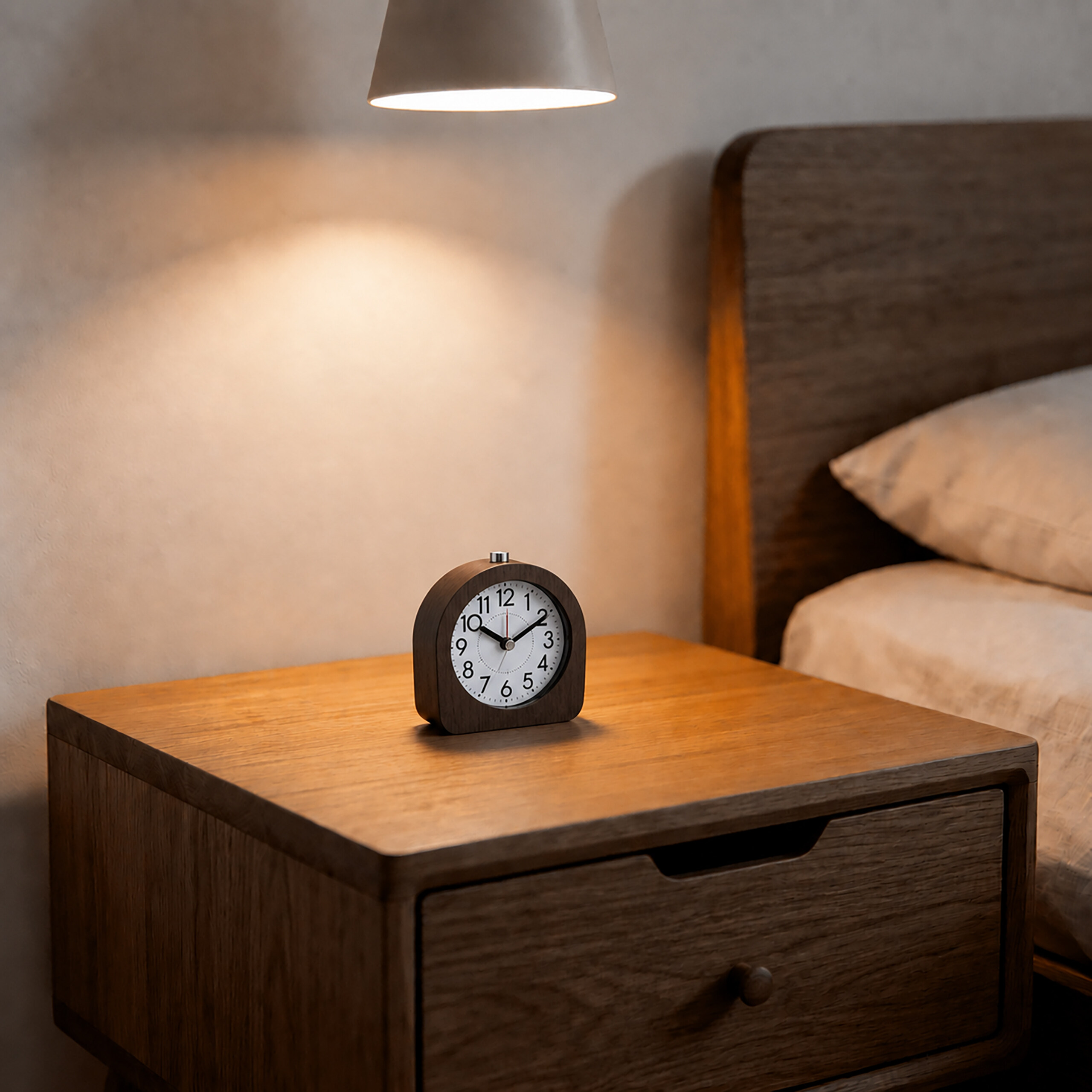 Ein hölzerner Wecker steht auf einem Nachttisch unter einer Lampe in einem Schlafzimmer.