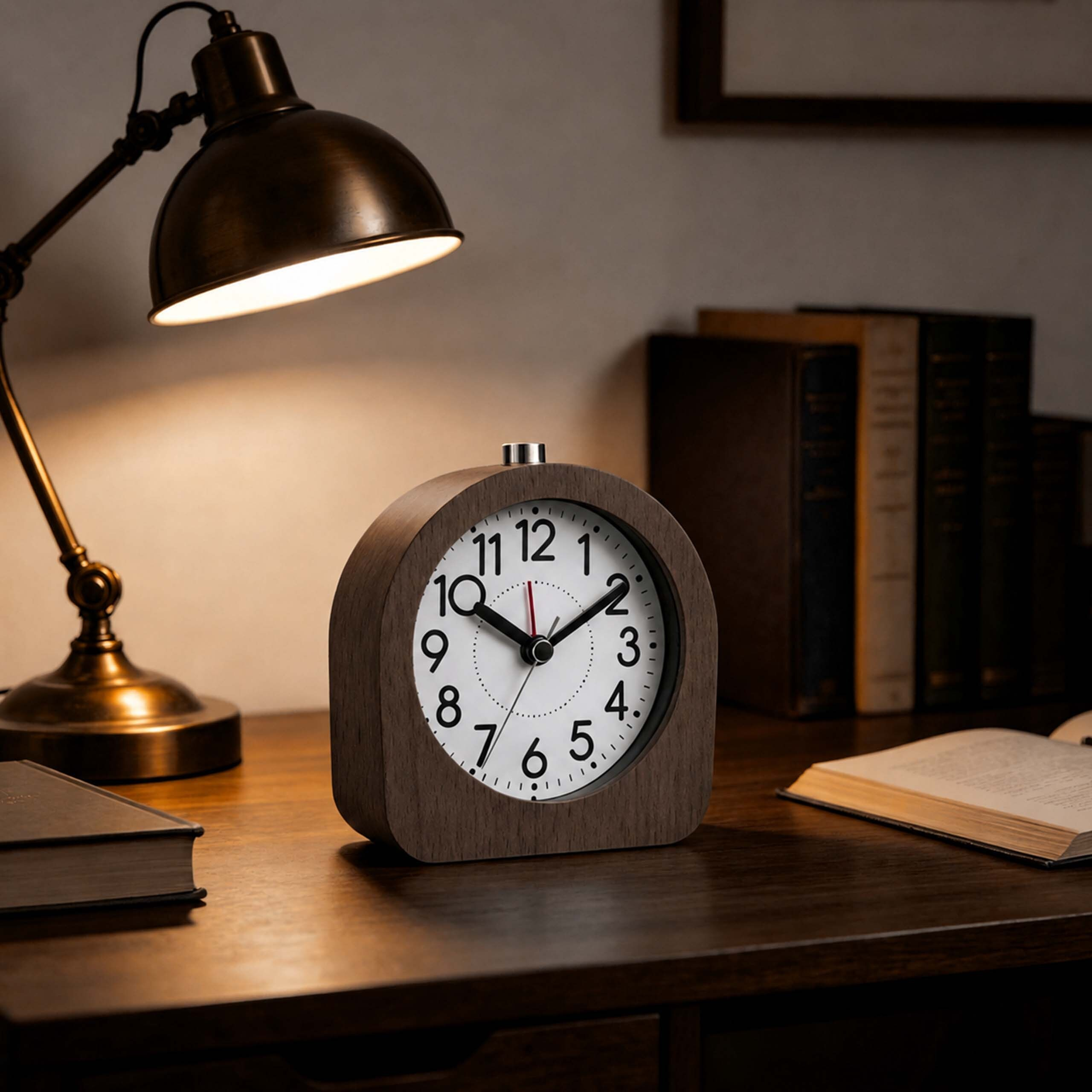 Eine Holzuhr steht auf einem Schreibtisch neben einer Lampe, Büchern und einem offenen Buch.