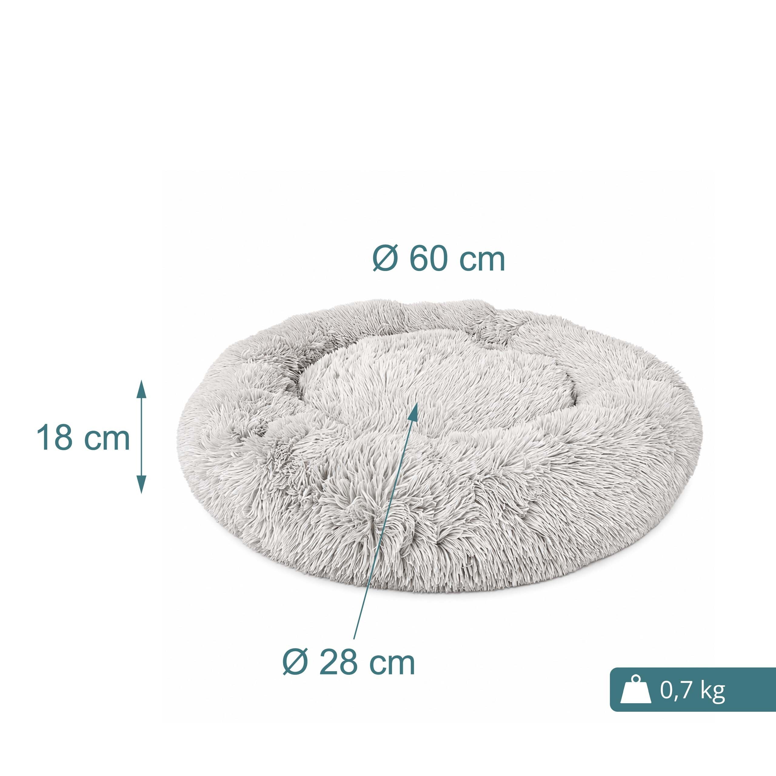 Graues, flauschiges Haustierbett mit Maßen von 60 cm Durchmesser, 18 cm Höhe und 0,7 kg Gewicht.
