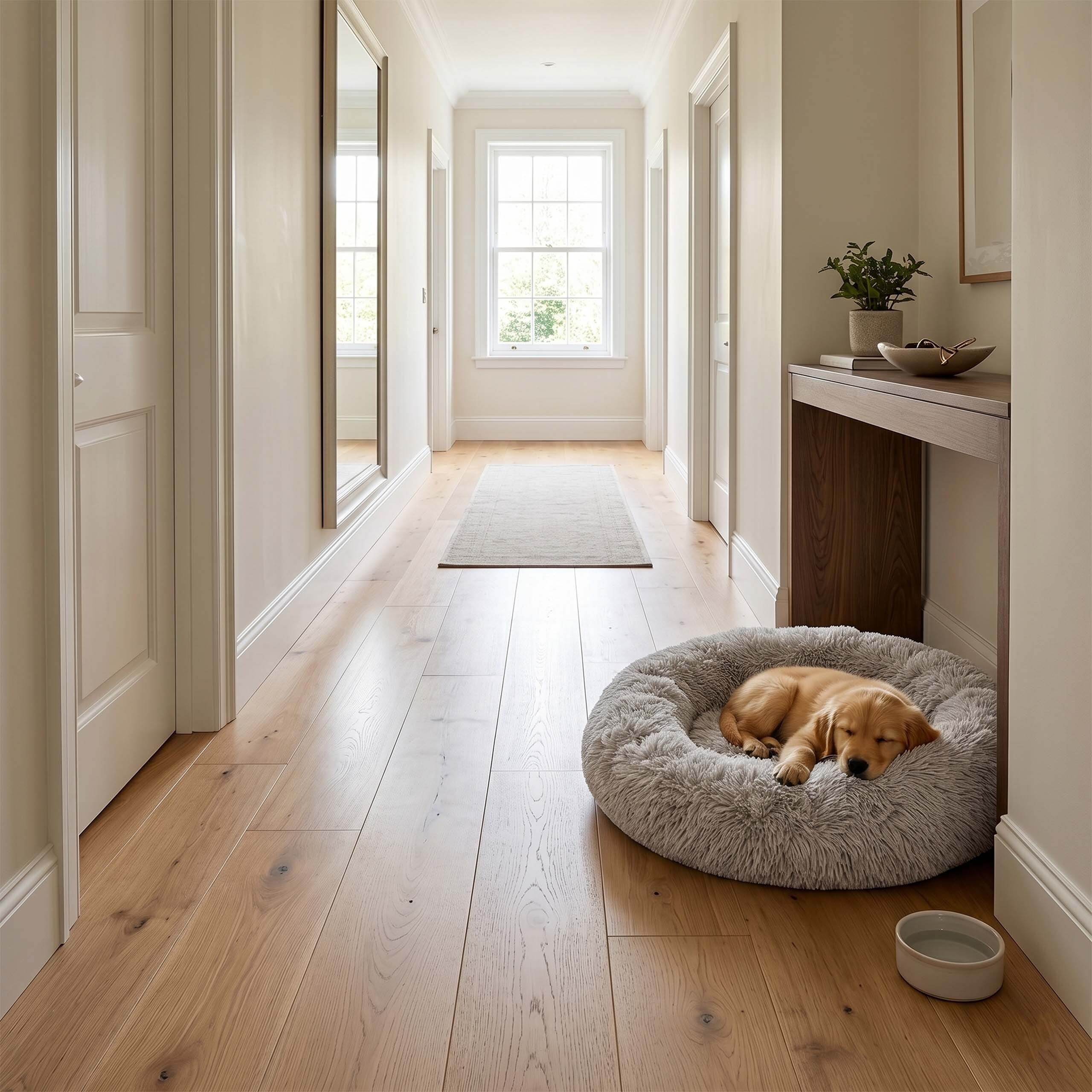 Ein kleiner Welpe schläft friedlich in einem flauschigen grauen Hundebett im Flur eines Hauses mit Holzböden.