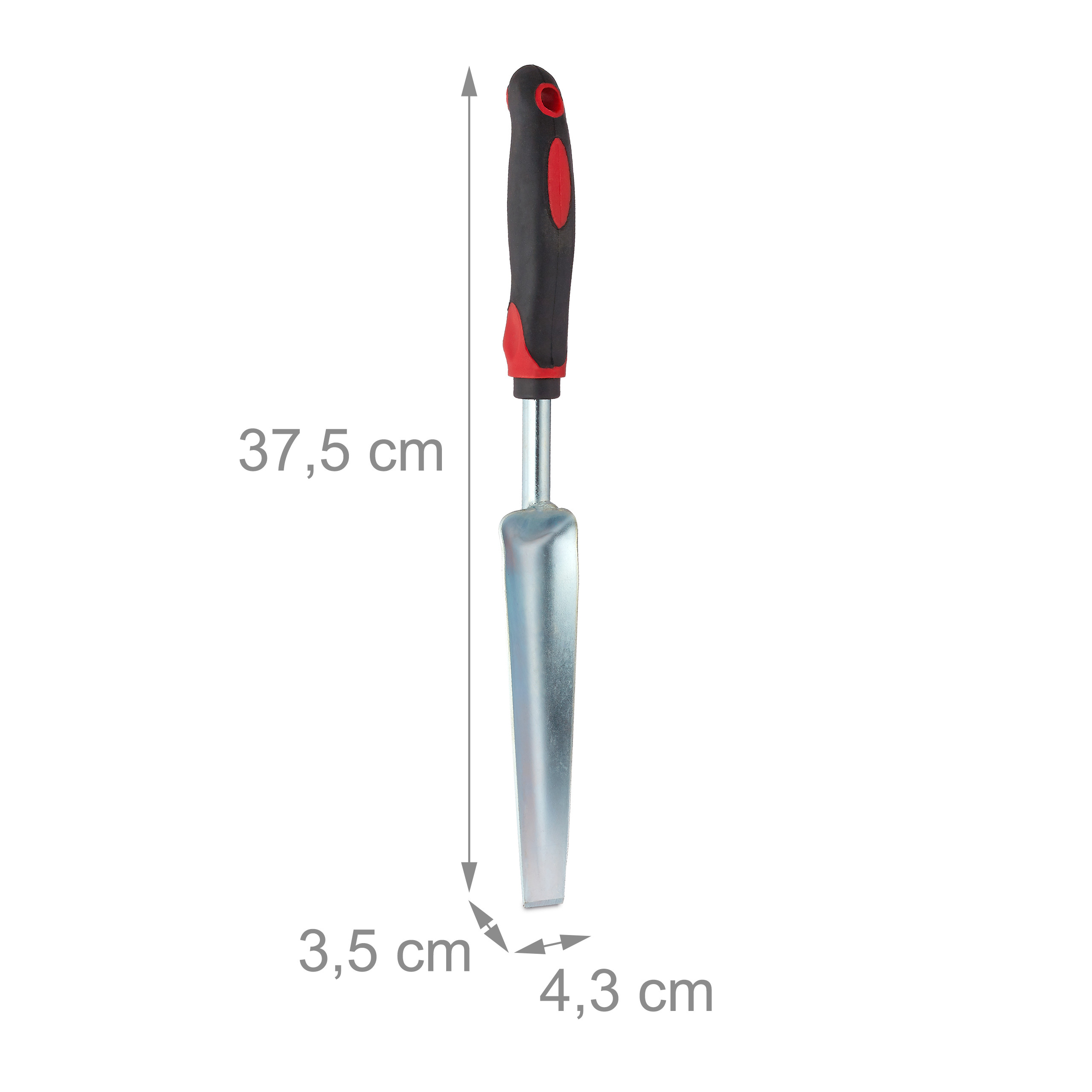 Metall-Pflanzkelle mit schwarzem und rotem Griff, mit Maßangaben von 37,5 cm Länge und 3,5 x 4,3 cm Breite.