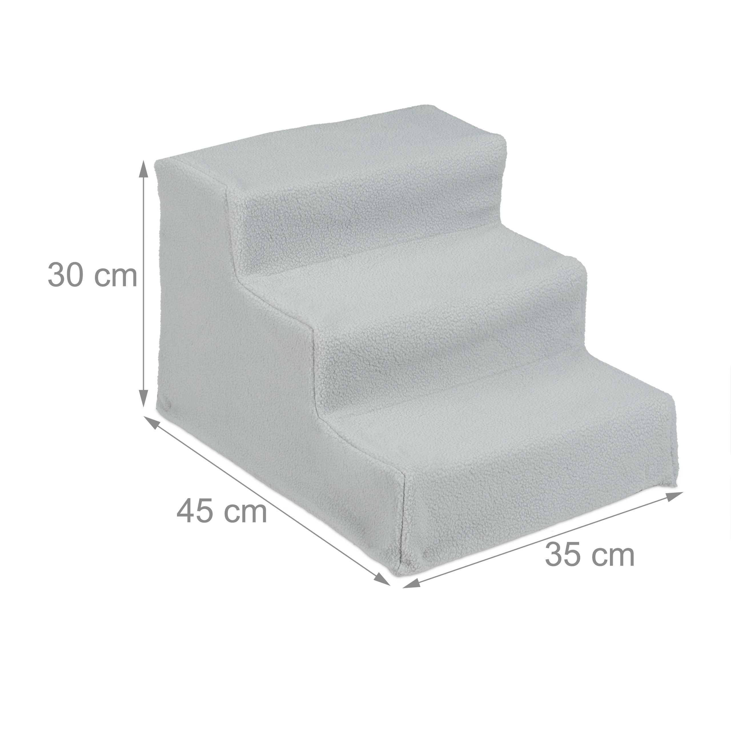 Graue dreistufige Haustiertreppe mit Maßangaben von 30 cm Höhe, 45 cm Länge und 35 cm Breite.