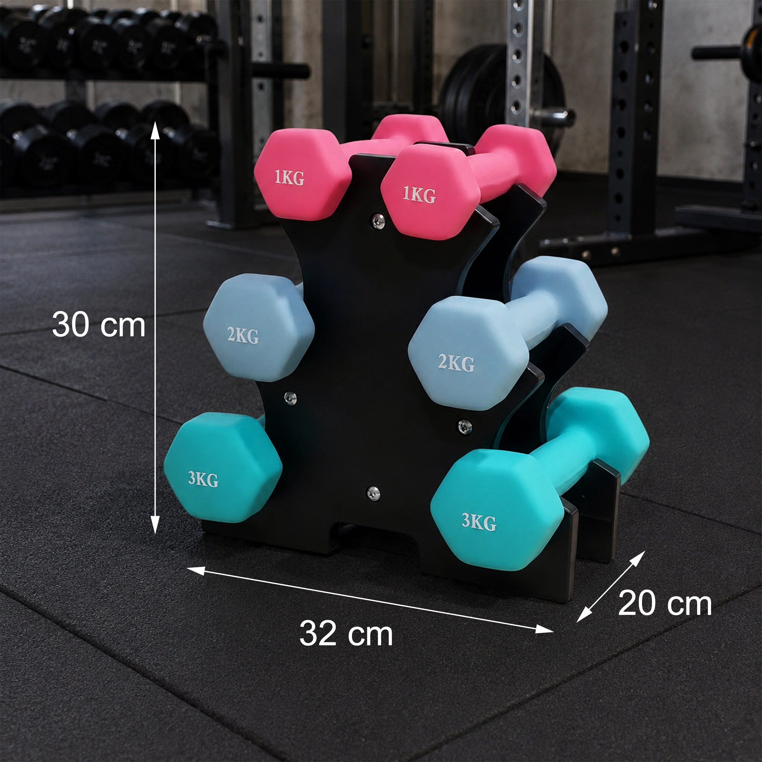 Sechs bunte Hanteln auf einem schwarzen Ständer mit Maßangaben im Fitnessstudio.