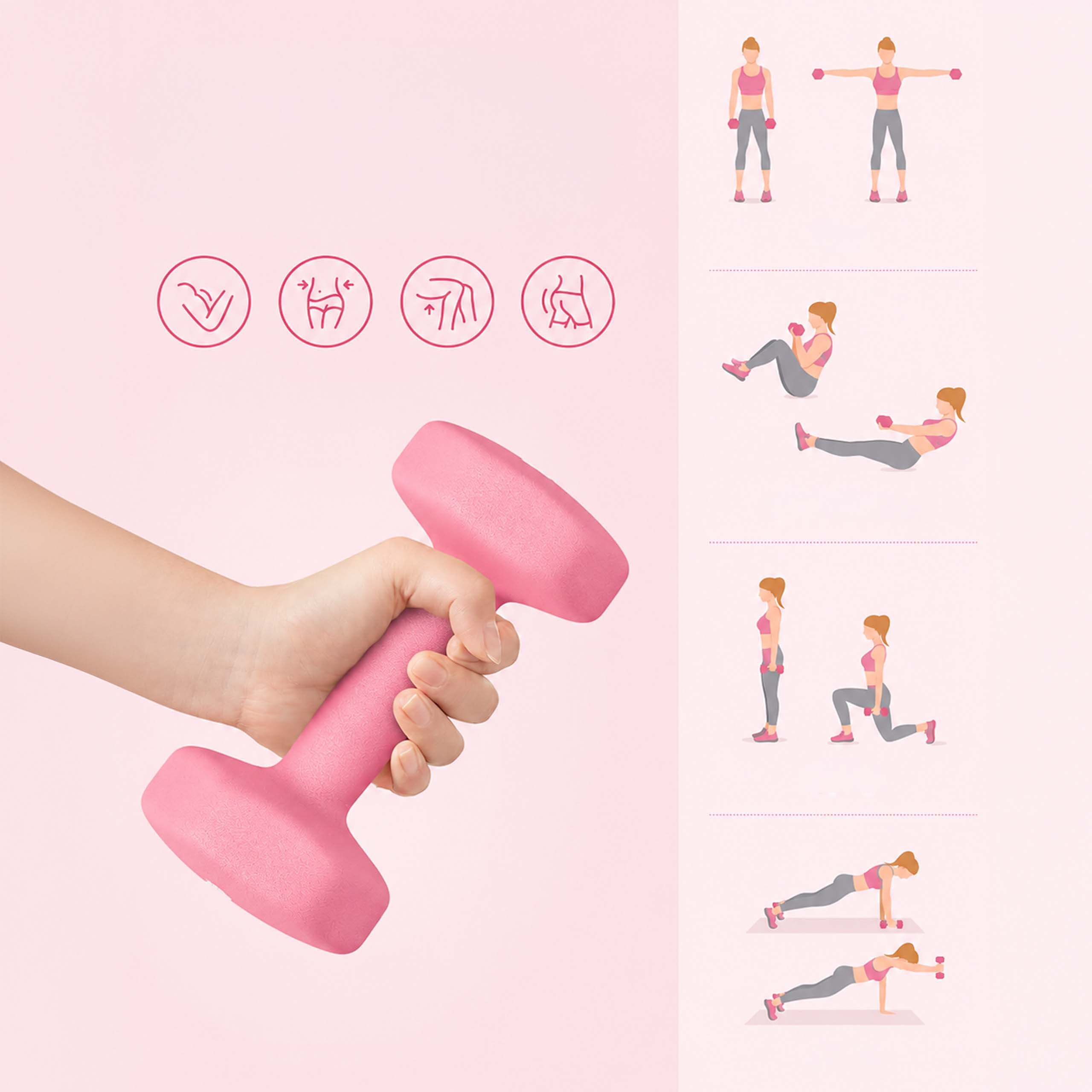 Eine Hand hält eine rosa Hantel, rechts zeigt eine Infografik verschiedene Übungen.