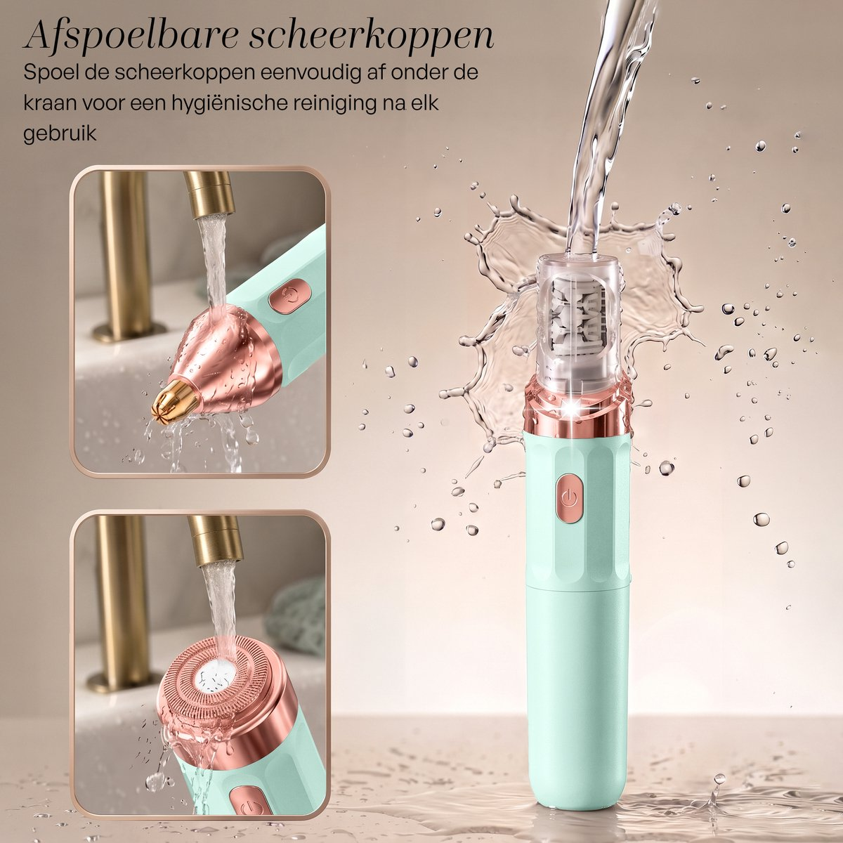 Minzgrüner und roségoldener Haarentferner, der unter fließendem Wasser abgespült wird.