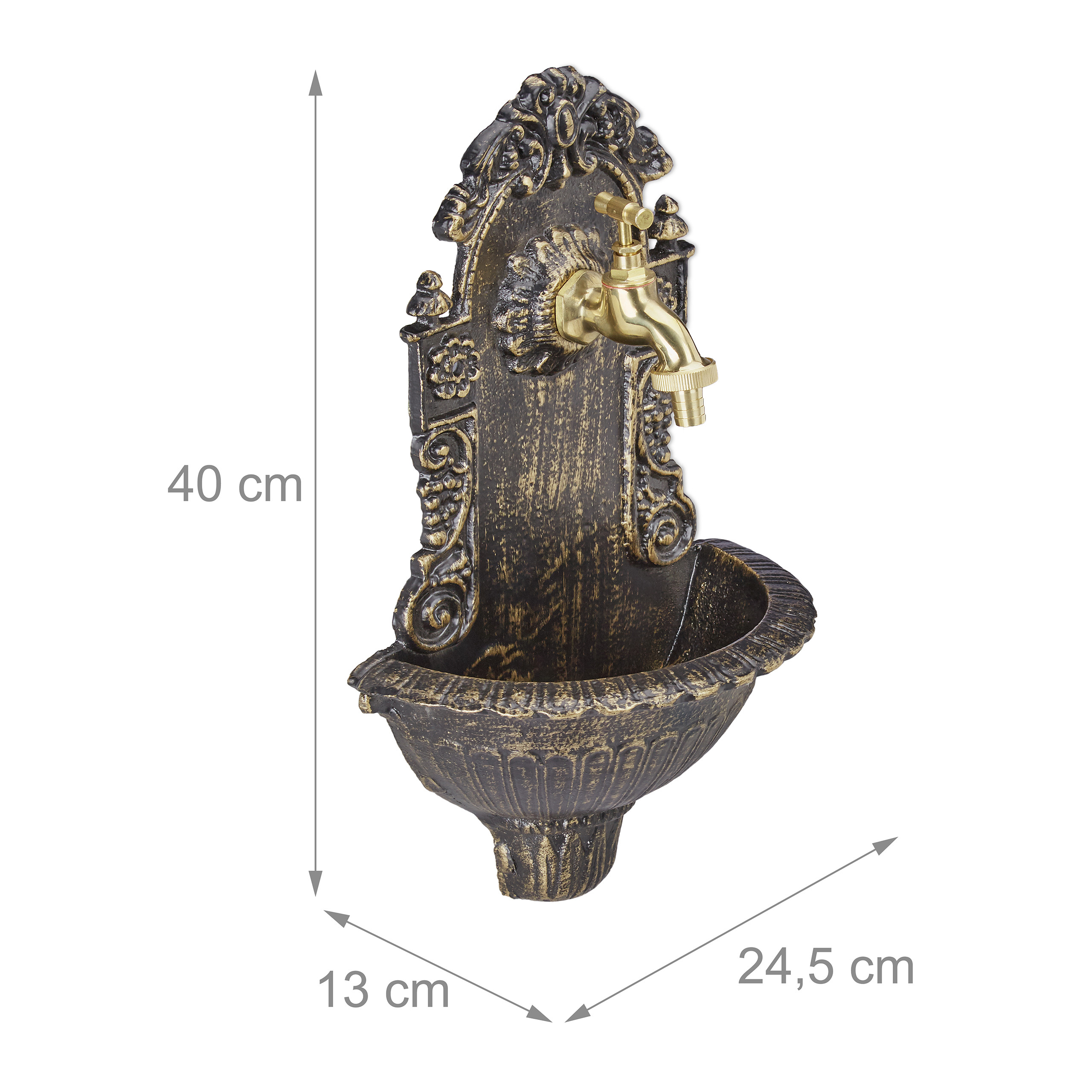 Verzierte dunkle Wandbrunnen mit goldenem Wasserhahn, Maße 40x24,5x13 cm.