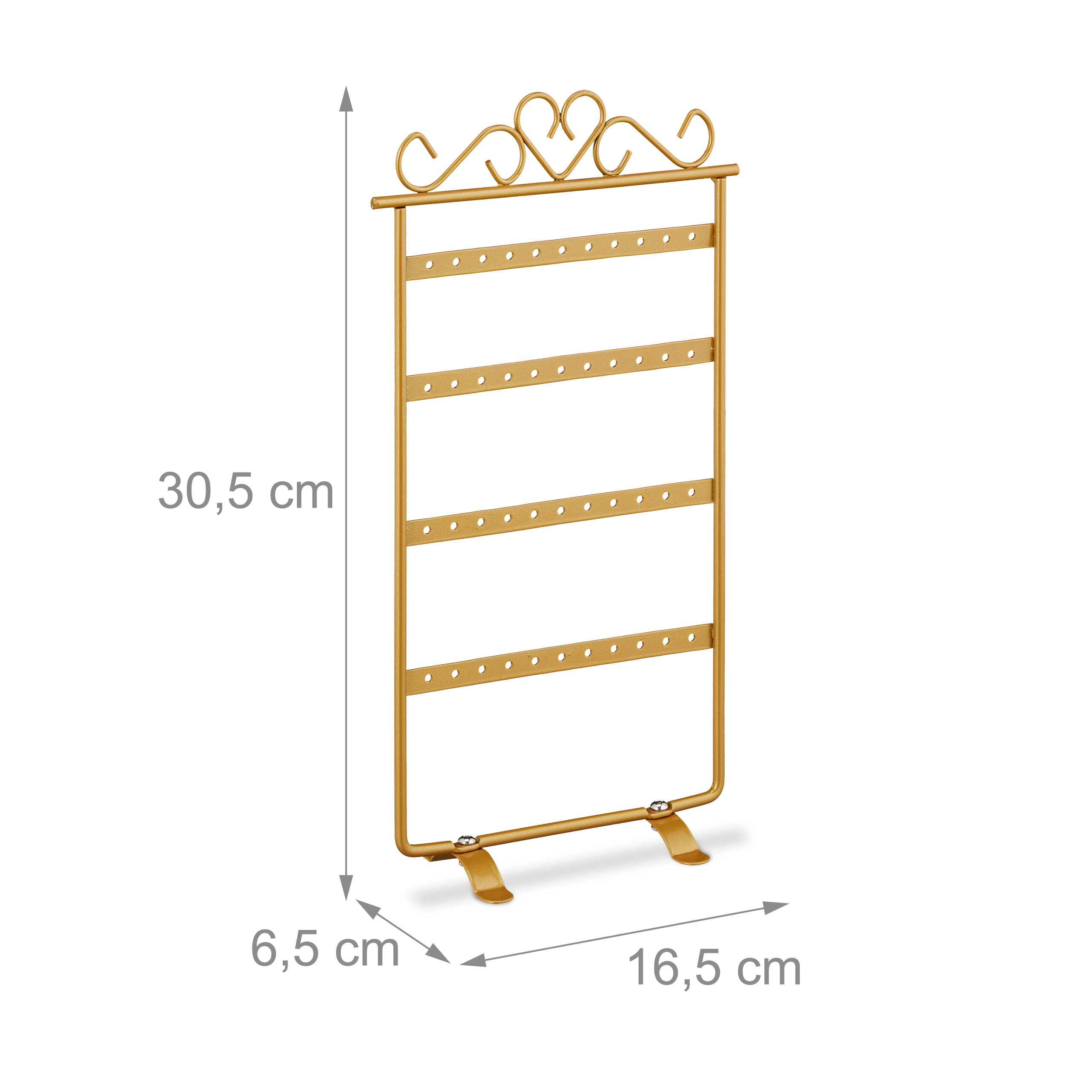 Ein goldener Ohrringhalter mit Herzdesign, Maße: 30,5 x 16,5 x 6,5 cm, auf weißem Hintergrund.