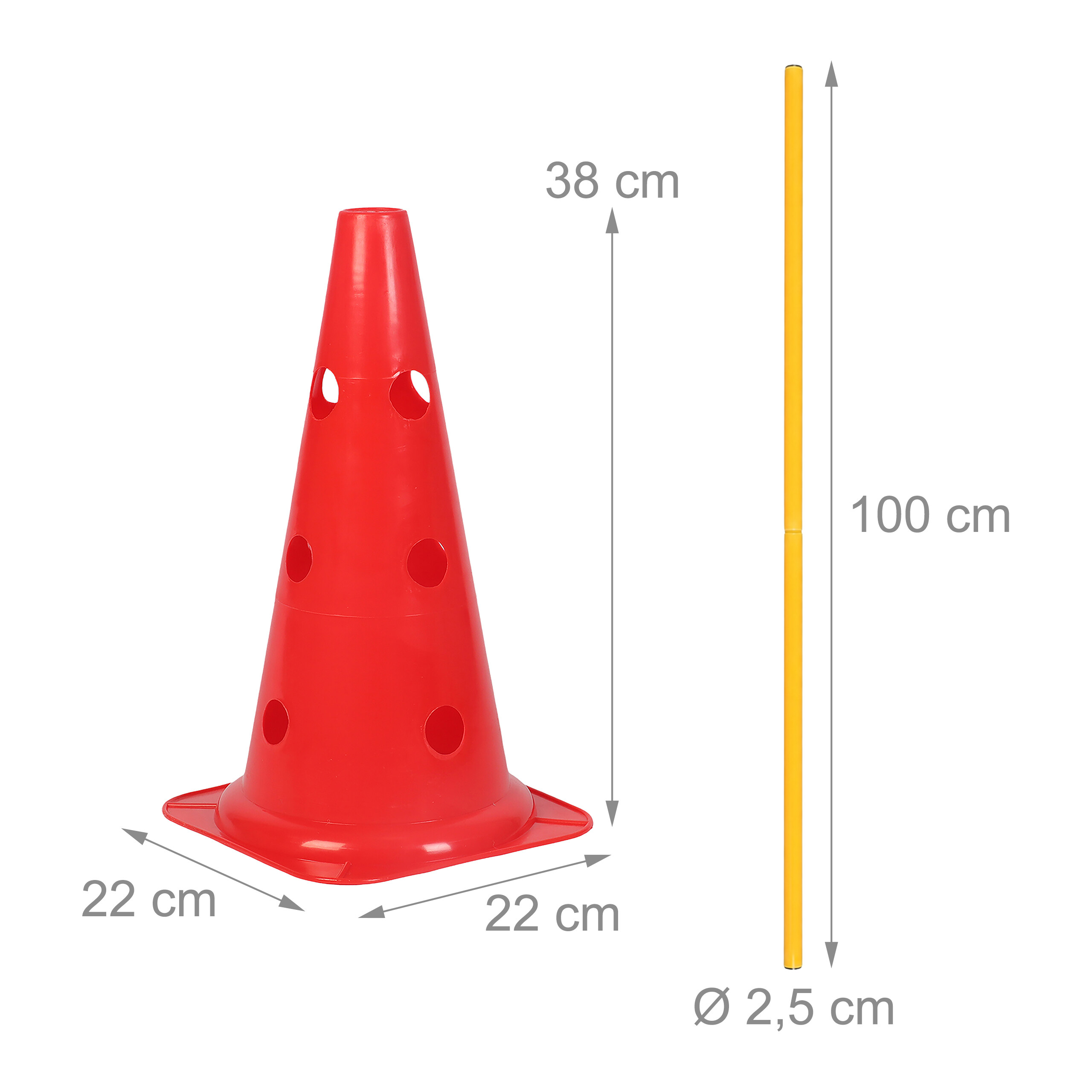 Roter Hütchen mit Locher (38 cm hoch, 22 cm breit) und gelber Stab (100 cm lang, 2,5 cm Durchmesser).