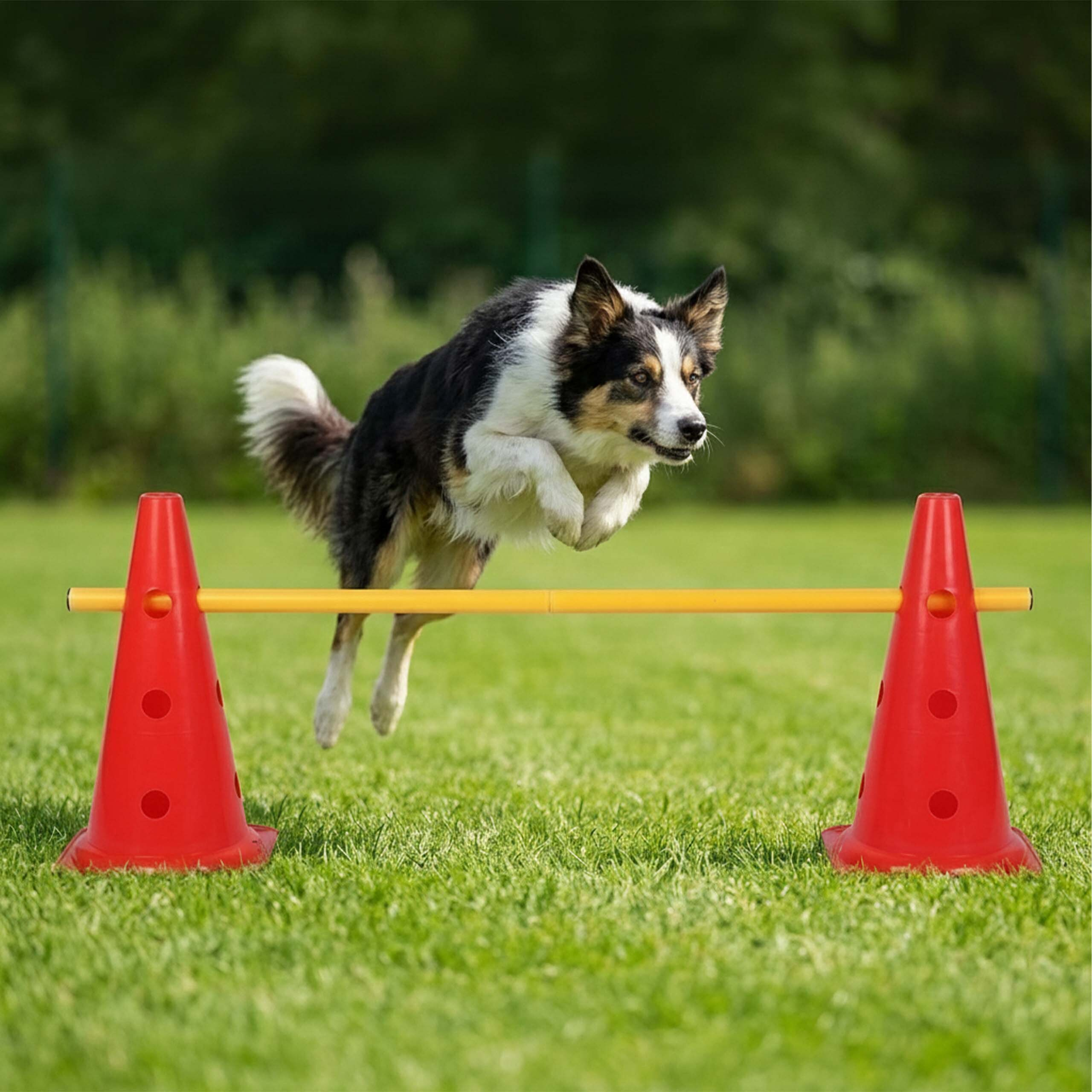 Ein schwarz-weißer Hund springt auf einer grünen Wiese über eine Hürde aus zwei roten Kegeln und einer gelben Stange.