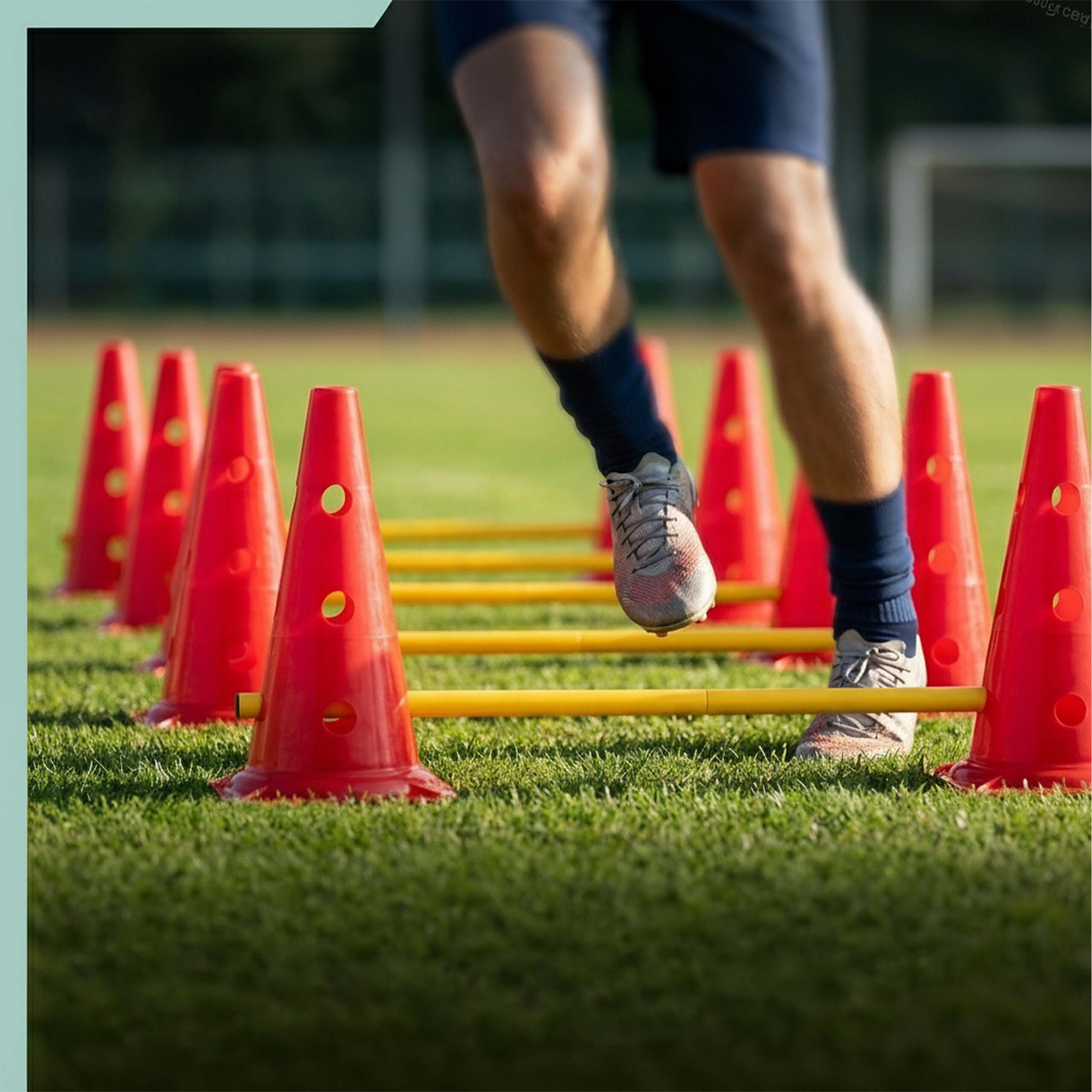 Ein Fußballspieler macht Agilitätstraining, indem er über gelbe Hürden springt.