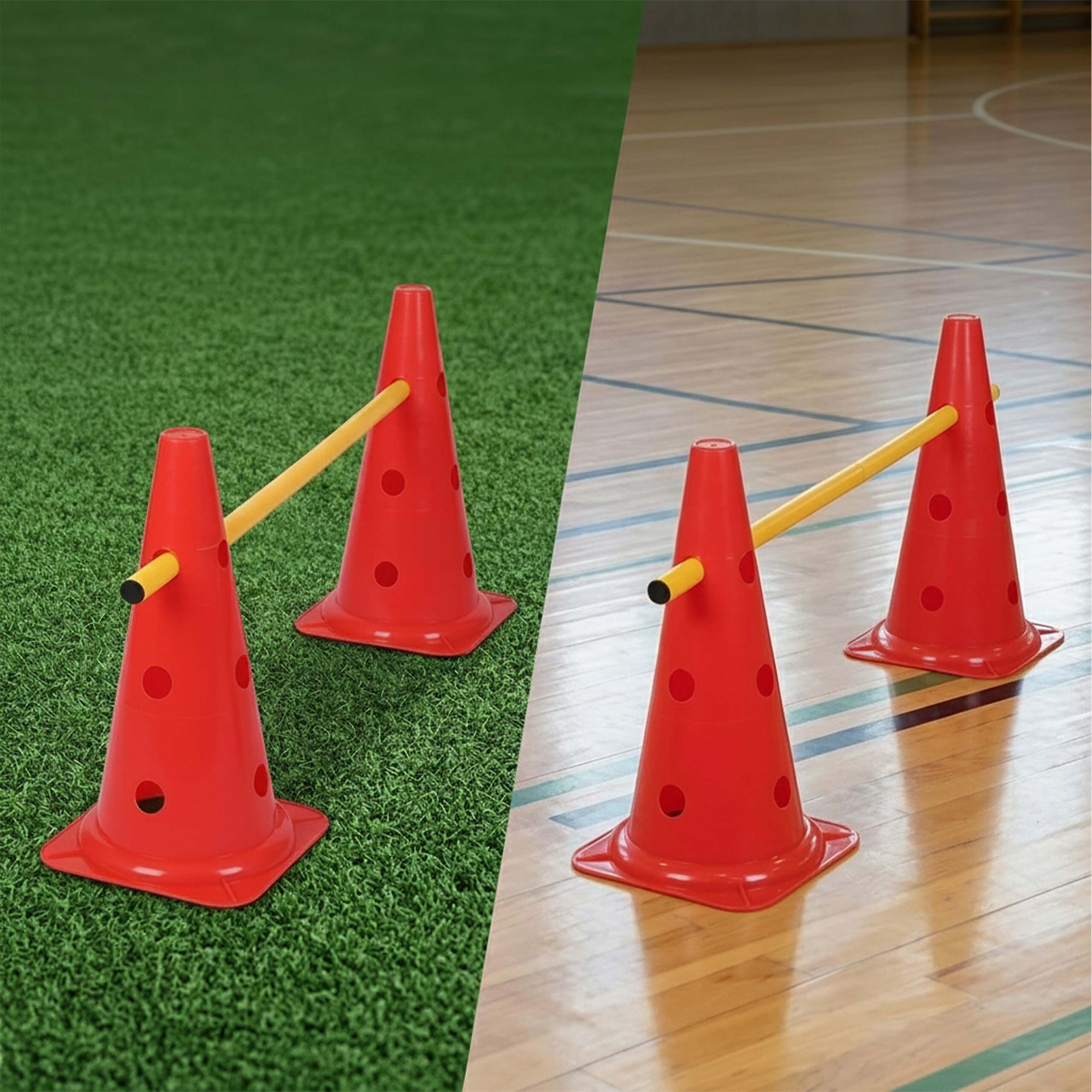 Zwei rote Pylonen mit Löchern sind durch eine gelbe Stange auf Rasen und in einer Turnhalle verbunden.