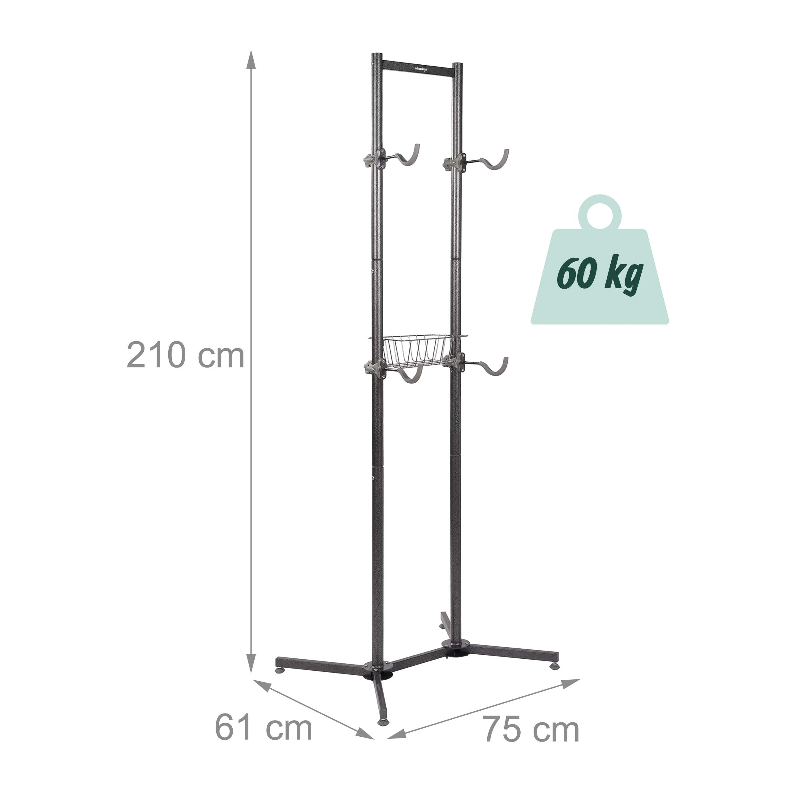 Freistehender grauer Fahrradständer für zwei Räder, 210 cm hoch, mit 60 kg Tragkraft.