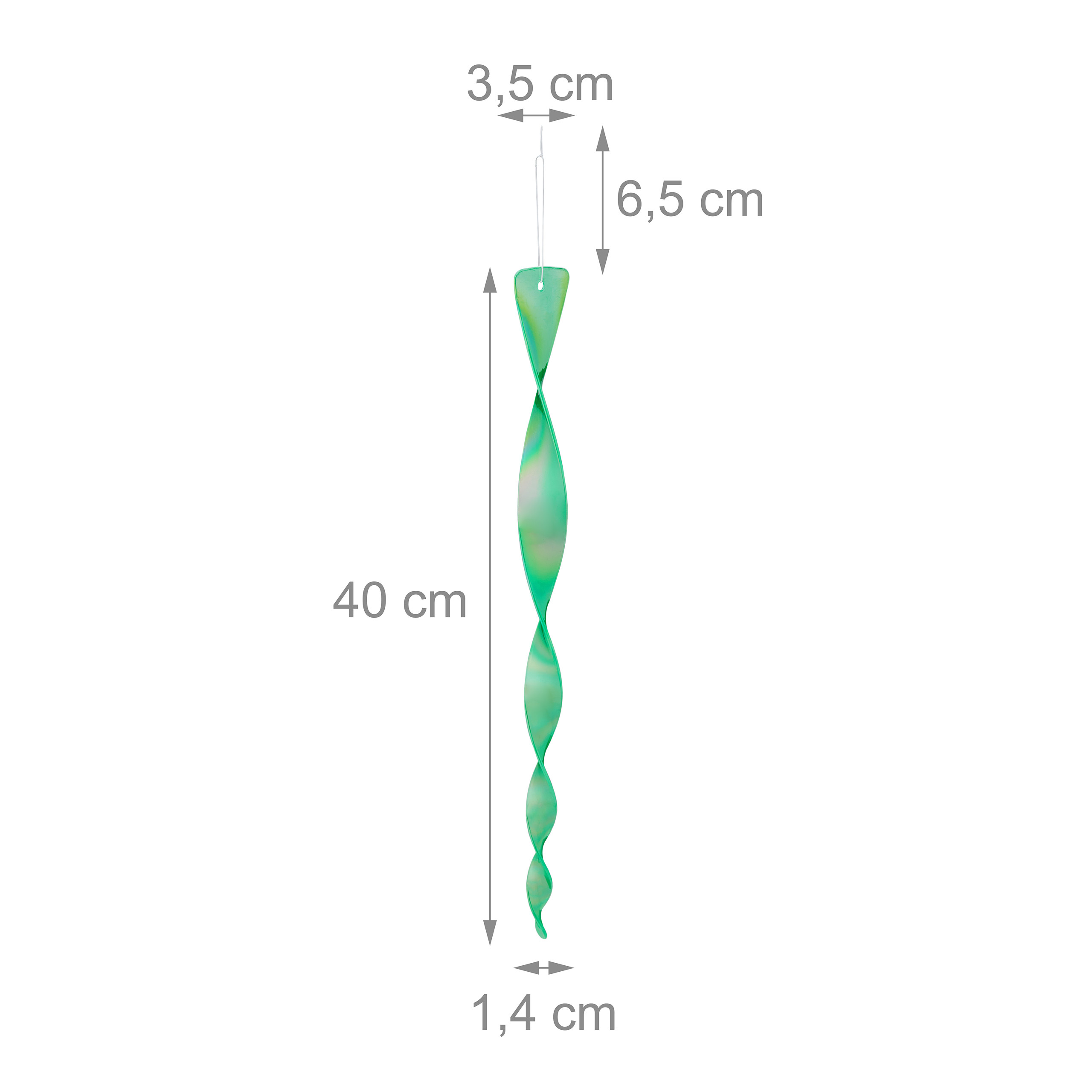 Ein grünes spiralförmiges Windspiel mit Maßangaben wie 40 cm Höhe und 1,4 cm Breite.
