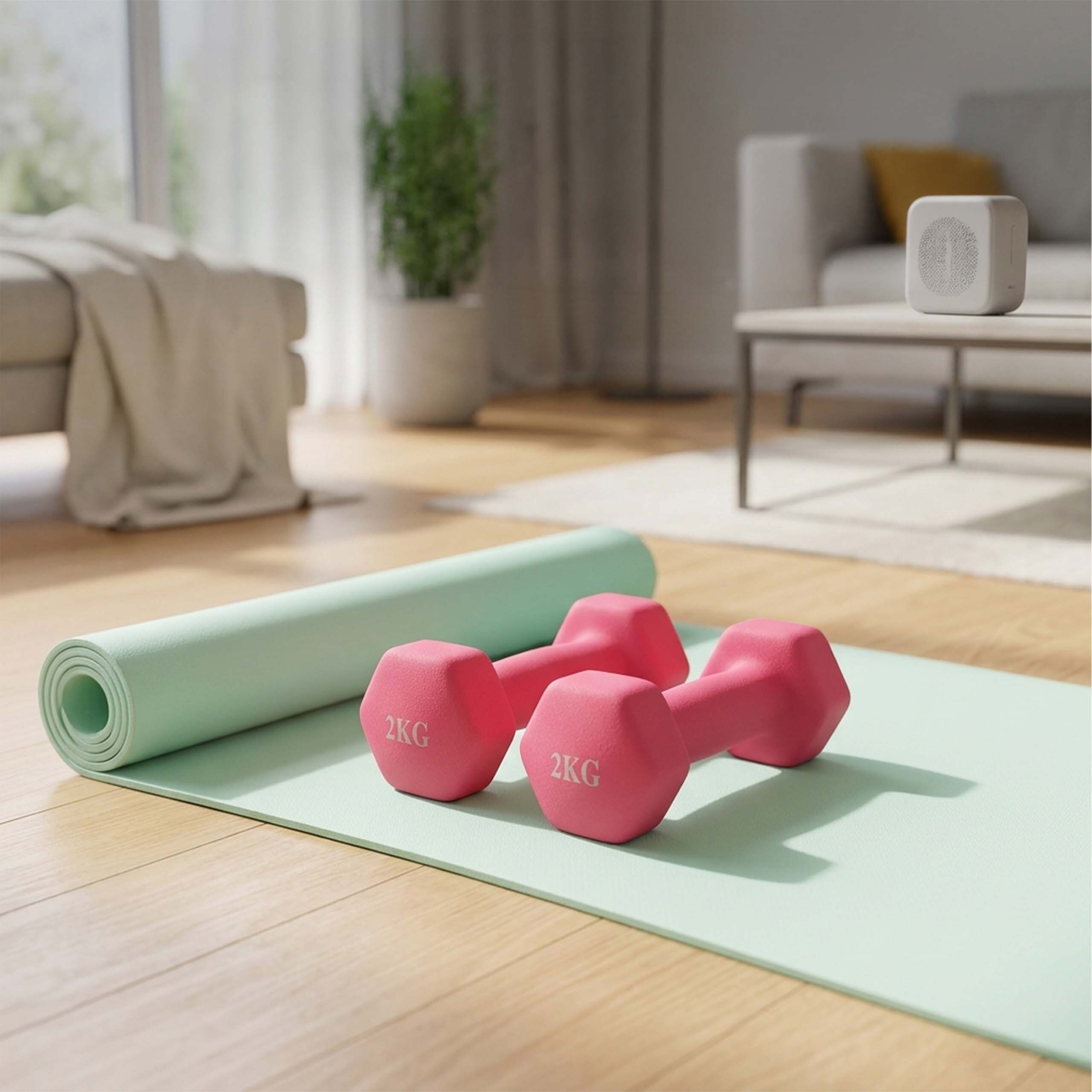 Zwei rosa 2kg Hanteln auf einer hellgrünen Yoga-Matte auf einem Holzboden in einem hellen Wohnzimmer.