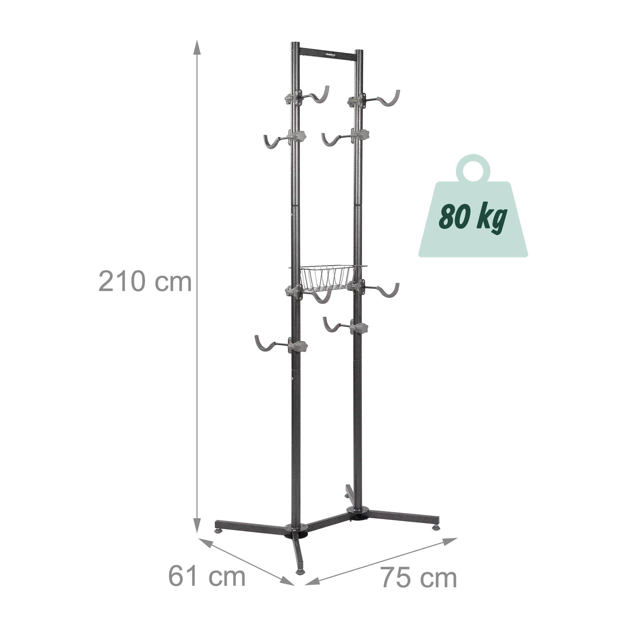 Schwarzer Fahrradständer aus Metall mit Haken, 210cm hoch, 75cm breit, 61cm tief, 80kg Tragkraft.