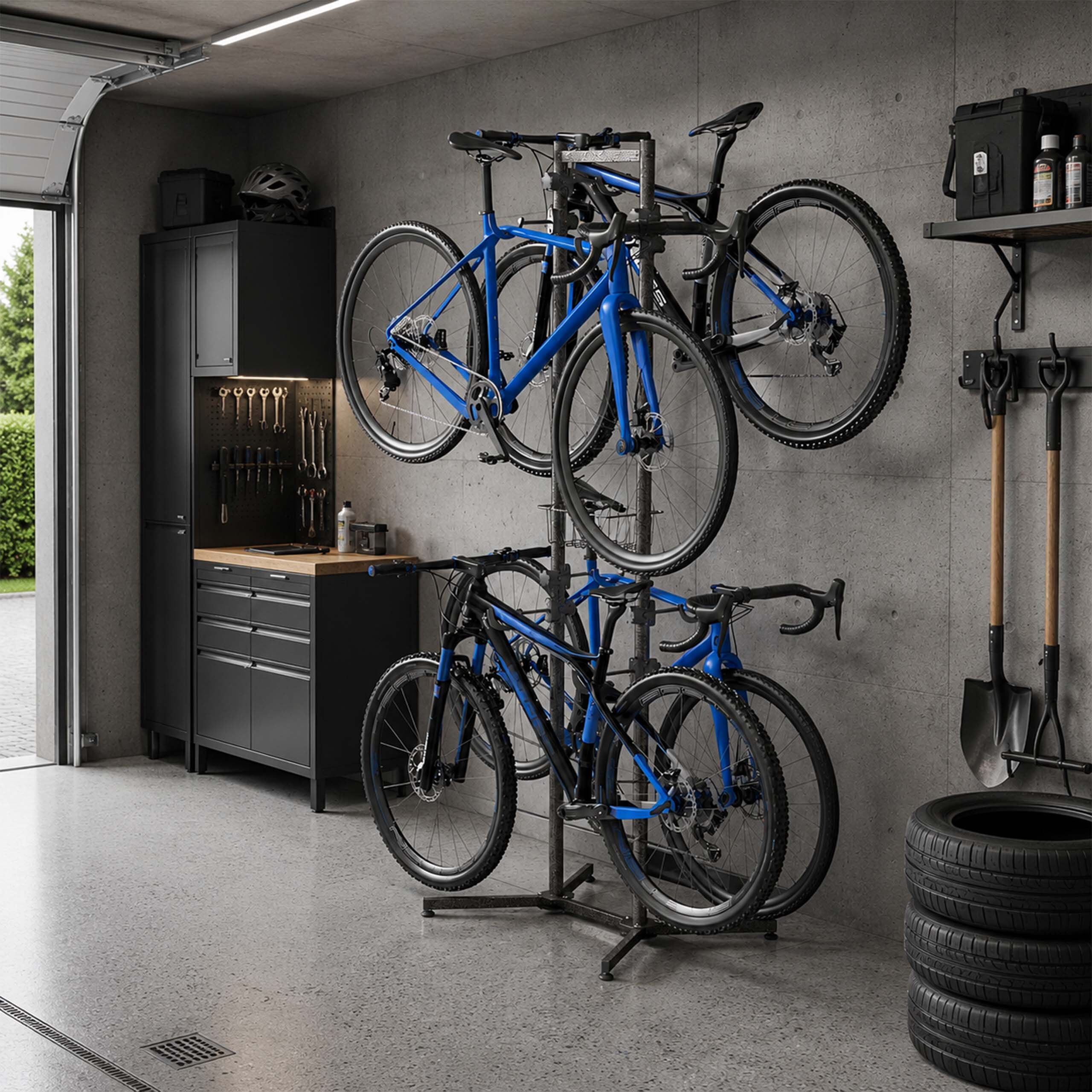 Eine Garage mit vier Fahrrädern auf einem Ständer, einer Werkbank mit Werkzeug und gestapelten Reifen.