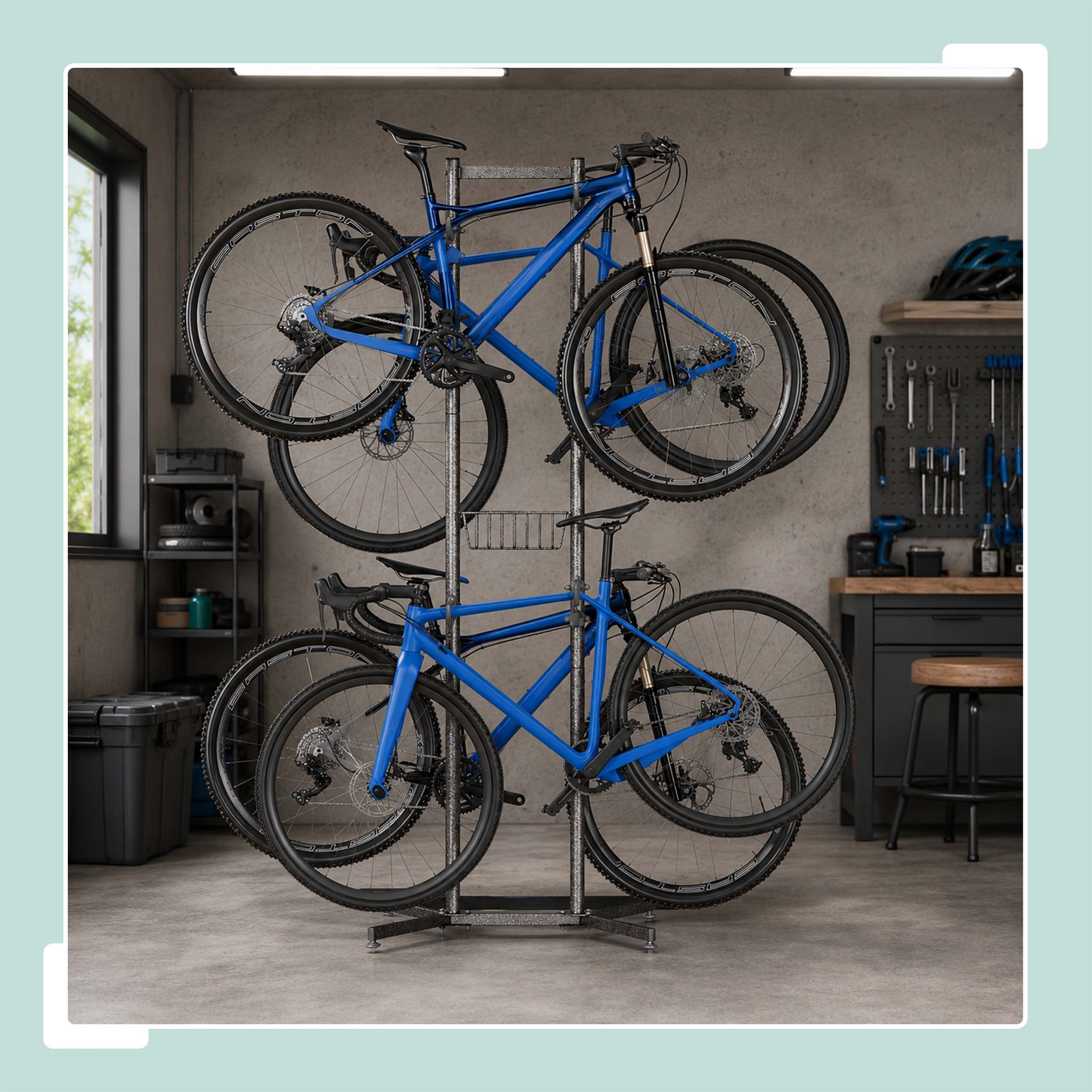Ein vertikaler Fahrradständer aus Metall hält vier blaue Fahrräder in einer Werkstatt.