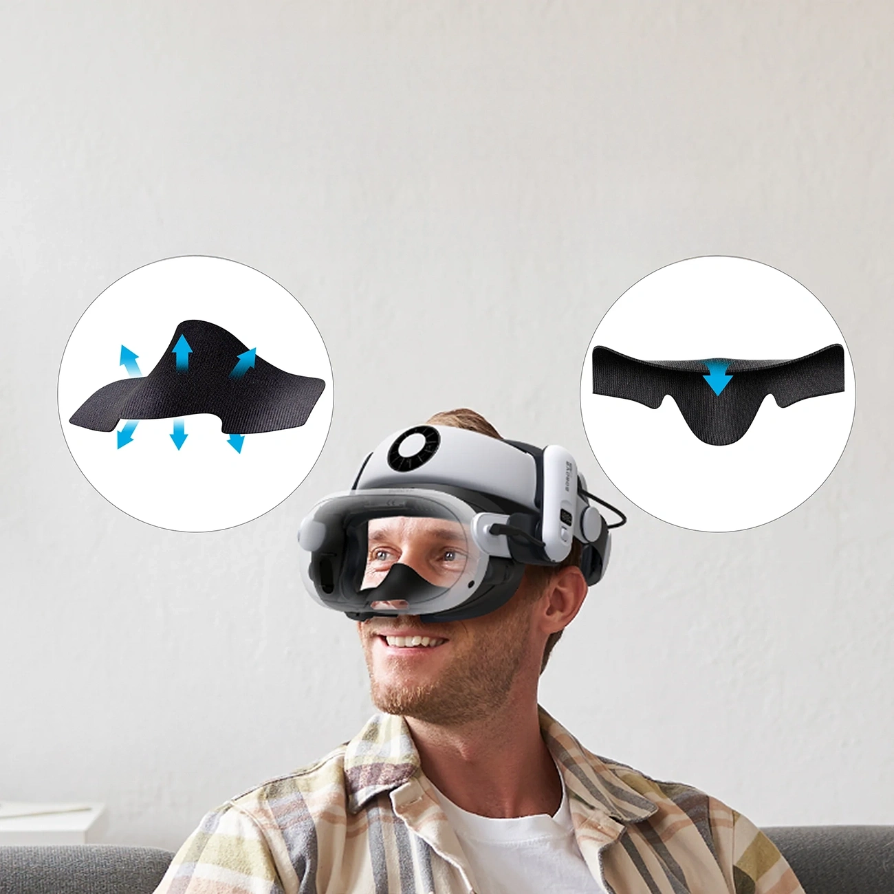 Hombre con visor VR y ventilador, flanqueado por dos insertos circulares con almohadillas nasales y flechas azules.