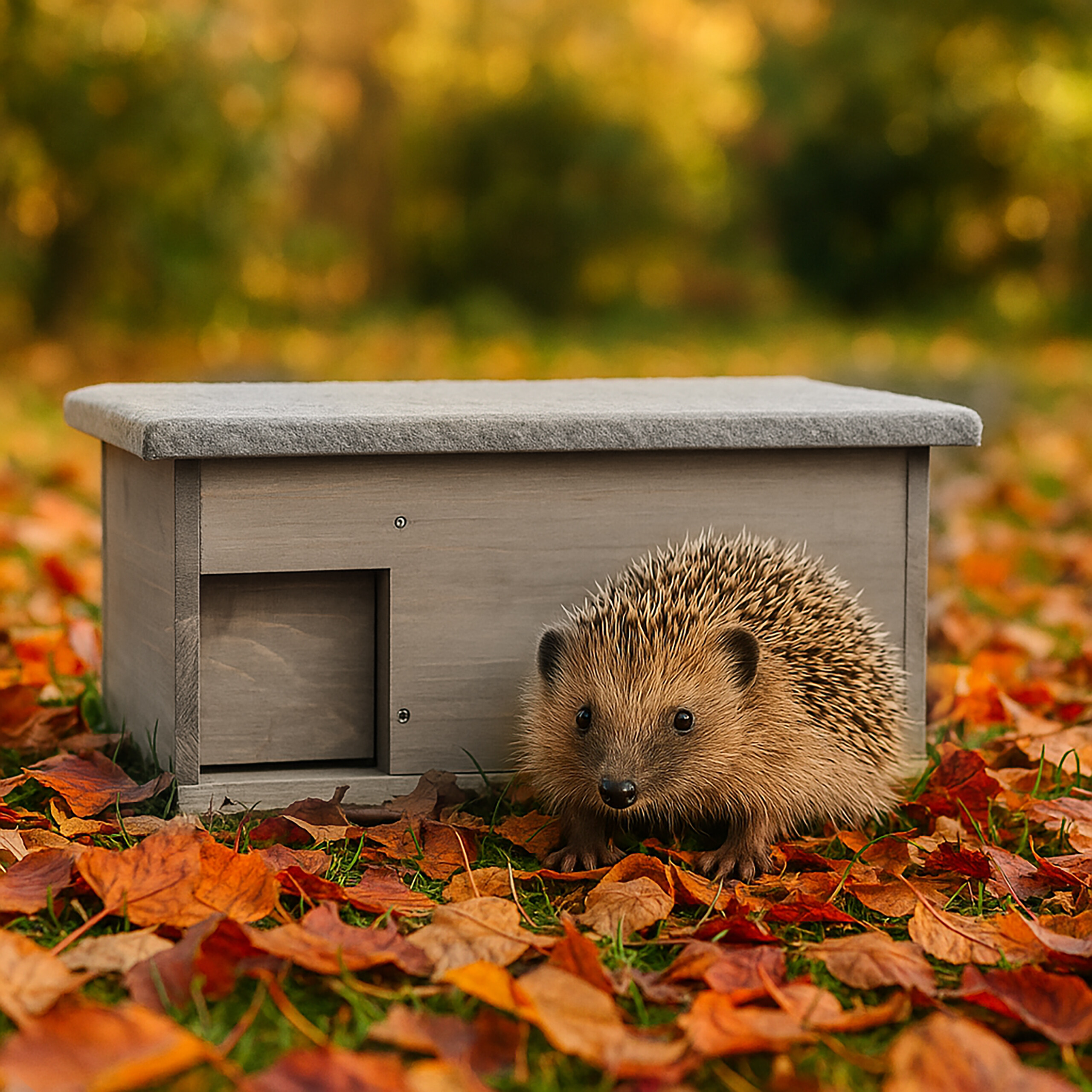 Ein kleiner Igel steht auf Herbstblättern neben einem grauen Igelhaus im Garten.