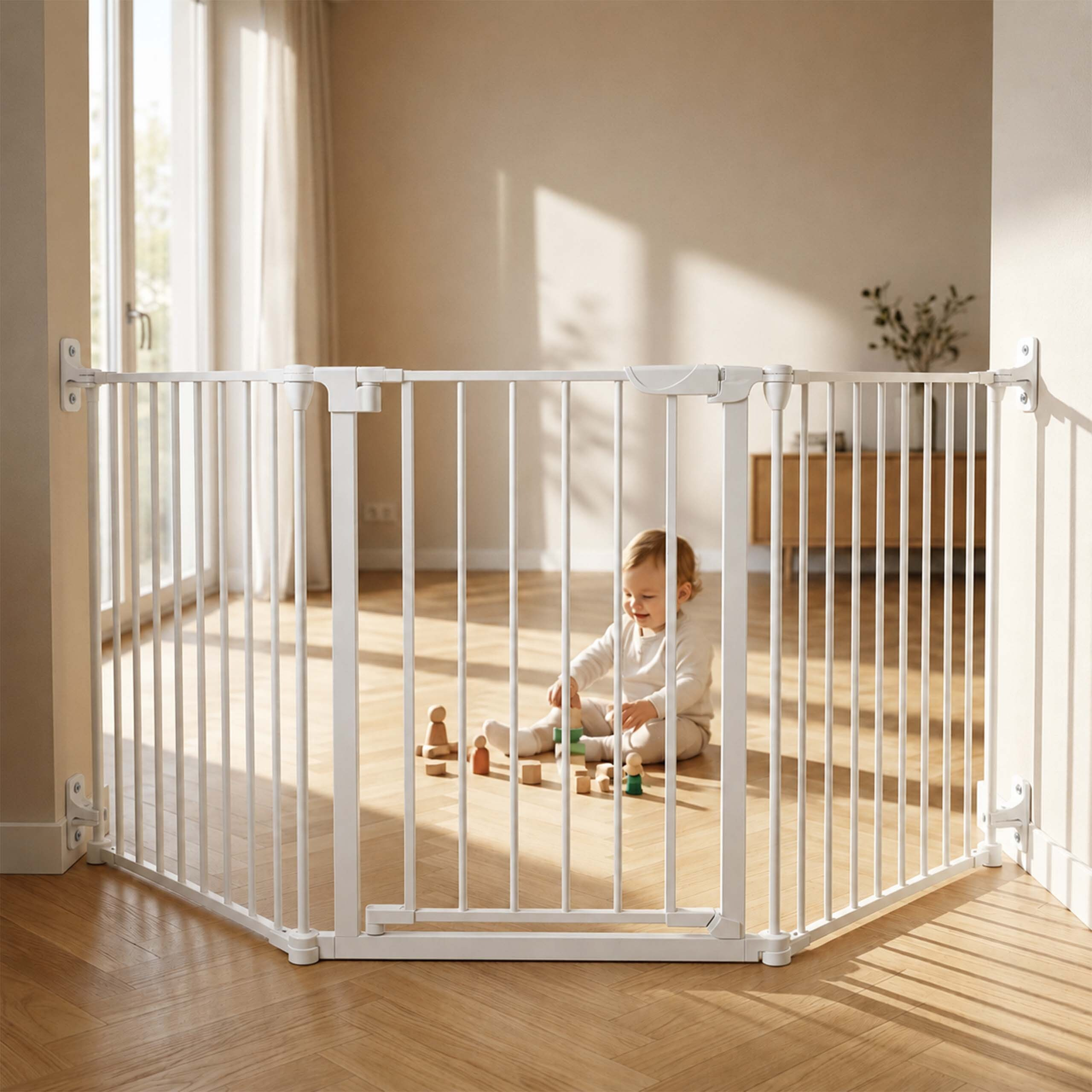 Ein weißes Schutzgitter blockiert den Eingang eines sonnigen Raumes, in dem ein Baby mit Holzspielzeug spielt.