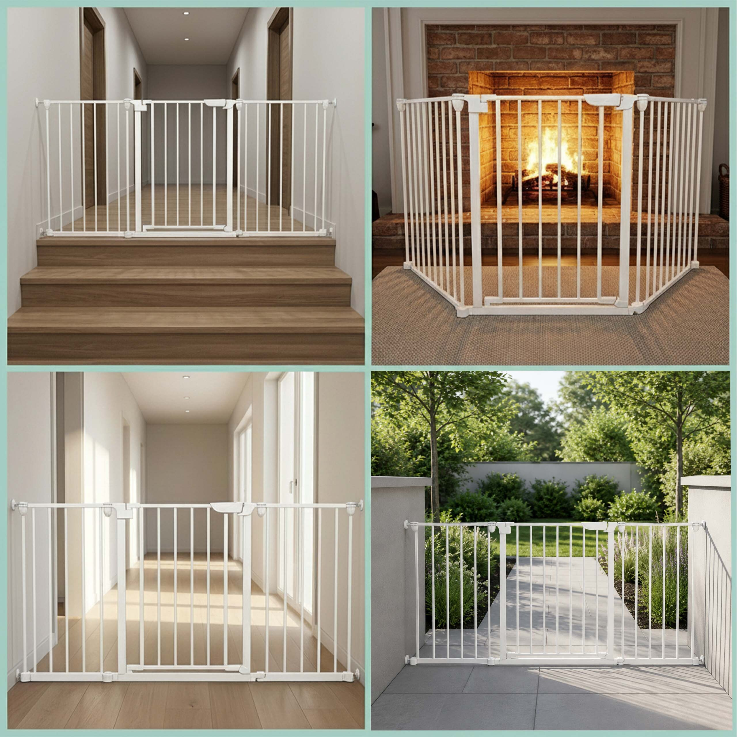 Ein weißes Metall-Sicherungsgitter an verschiedenen Orten wie Treppen, Kamin, Flur und draußen.