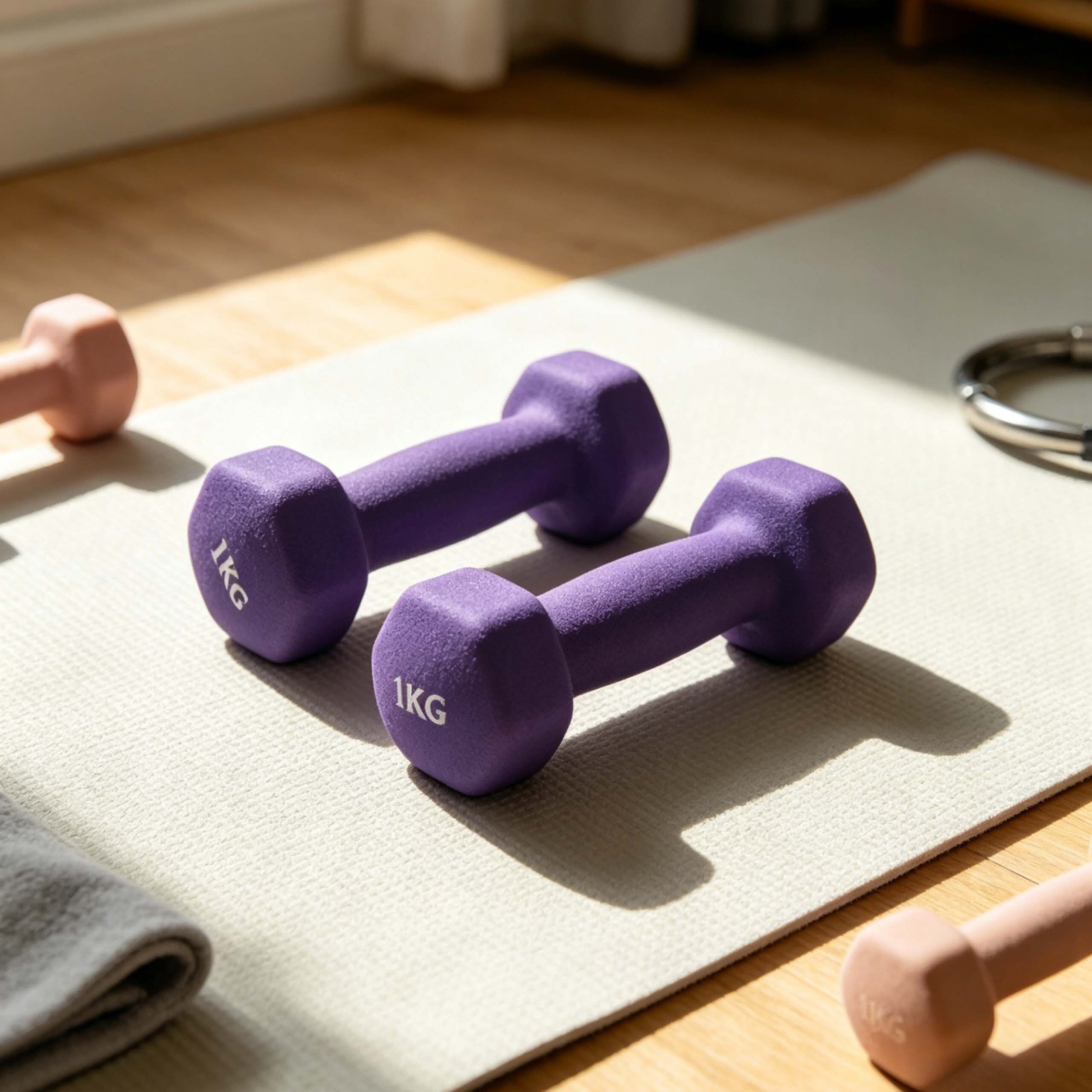 Zwei lila 1kg Hanteln liegen auf einer Fitnessmatte auf einem Holzfussboden.