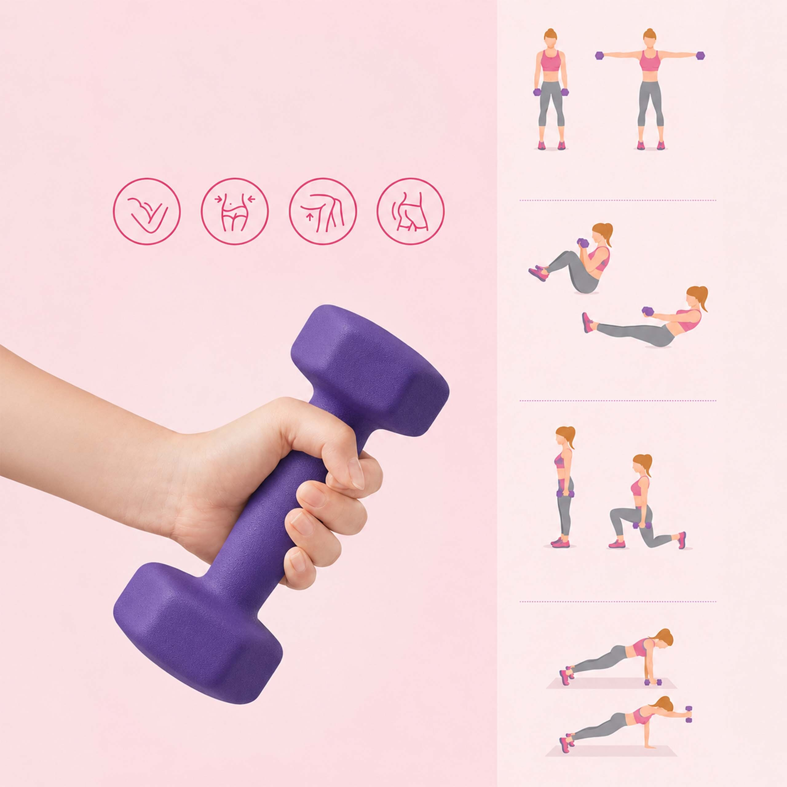 Eine Hand hält eine lila Hantel, mit Illustrationen von Übungen für Frauen vor rosa Hintergrund.