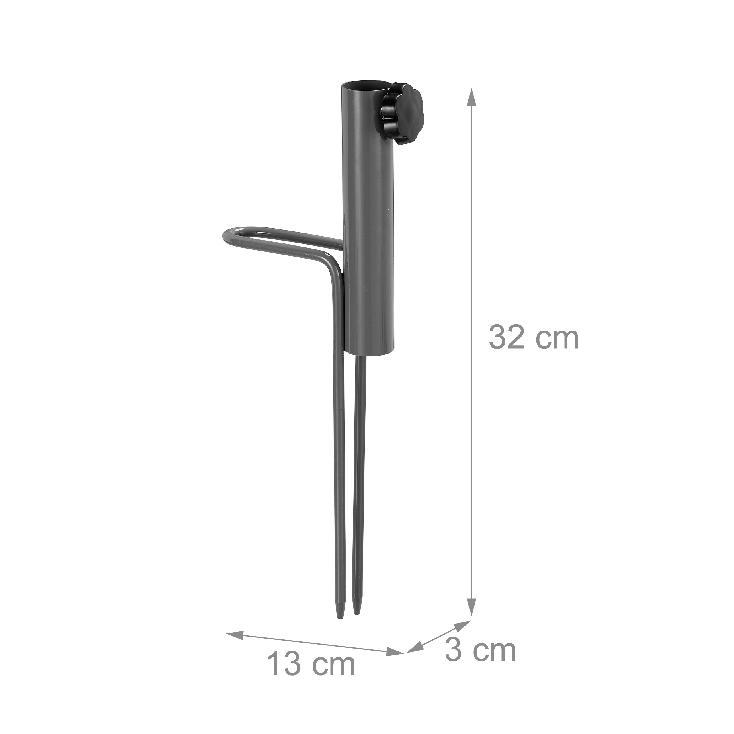 Grauer Bodenanker mit Maßen von 32 cm Höhe, 13 cm Breite und 3 cm Tiefe.