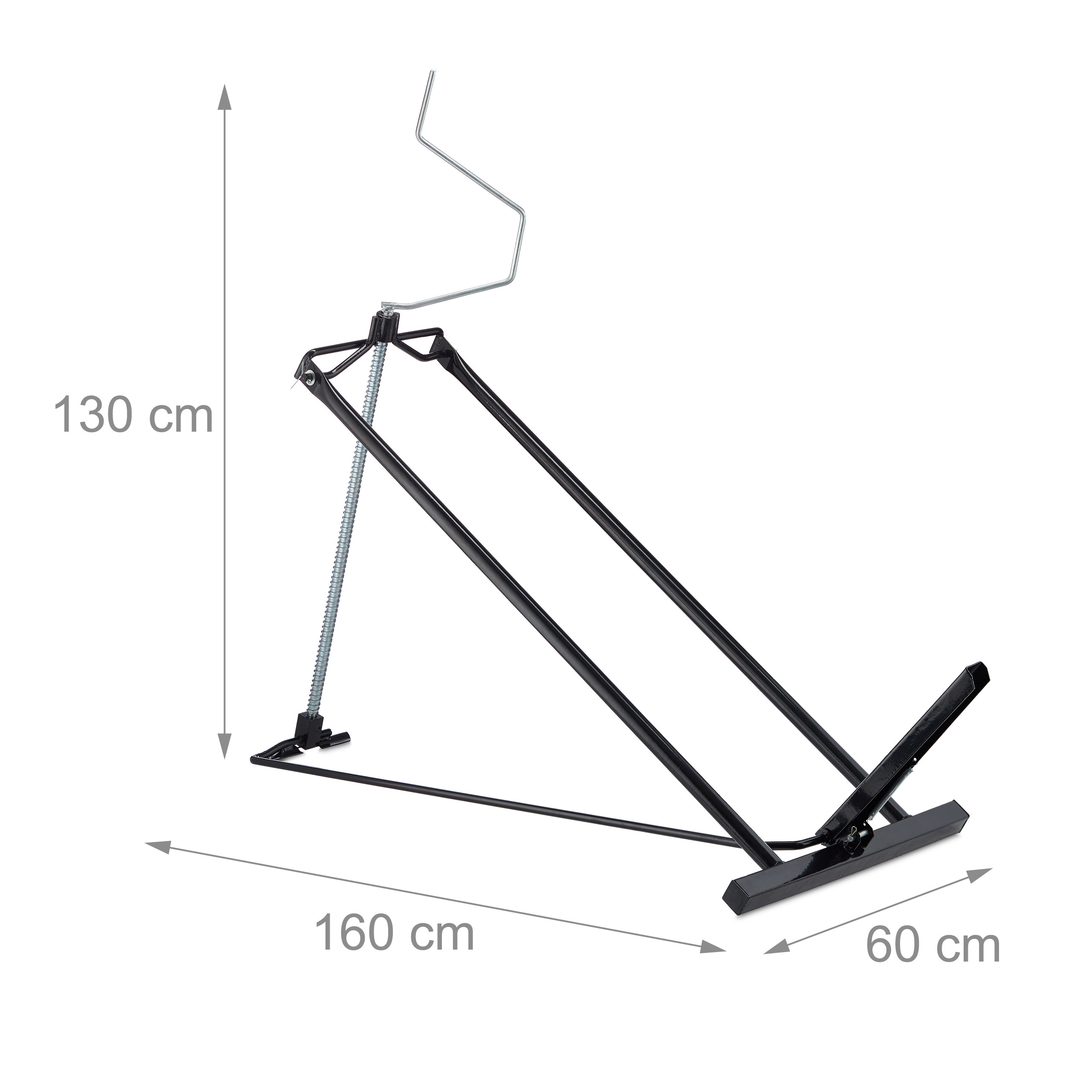 Schwarzer Metall-Fahrradständer mit Maßen von 160x60x130 cm auf weißem Hintergrund.