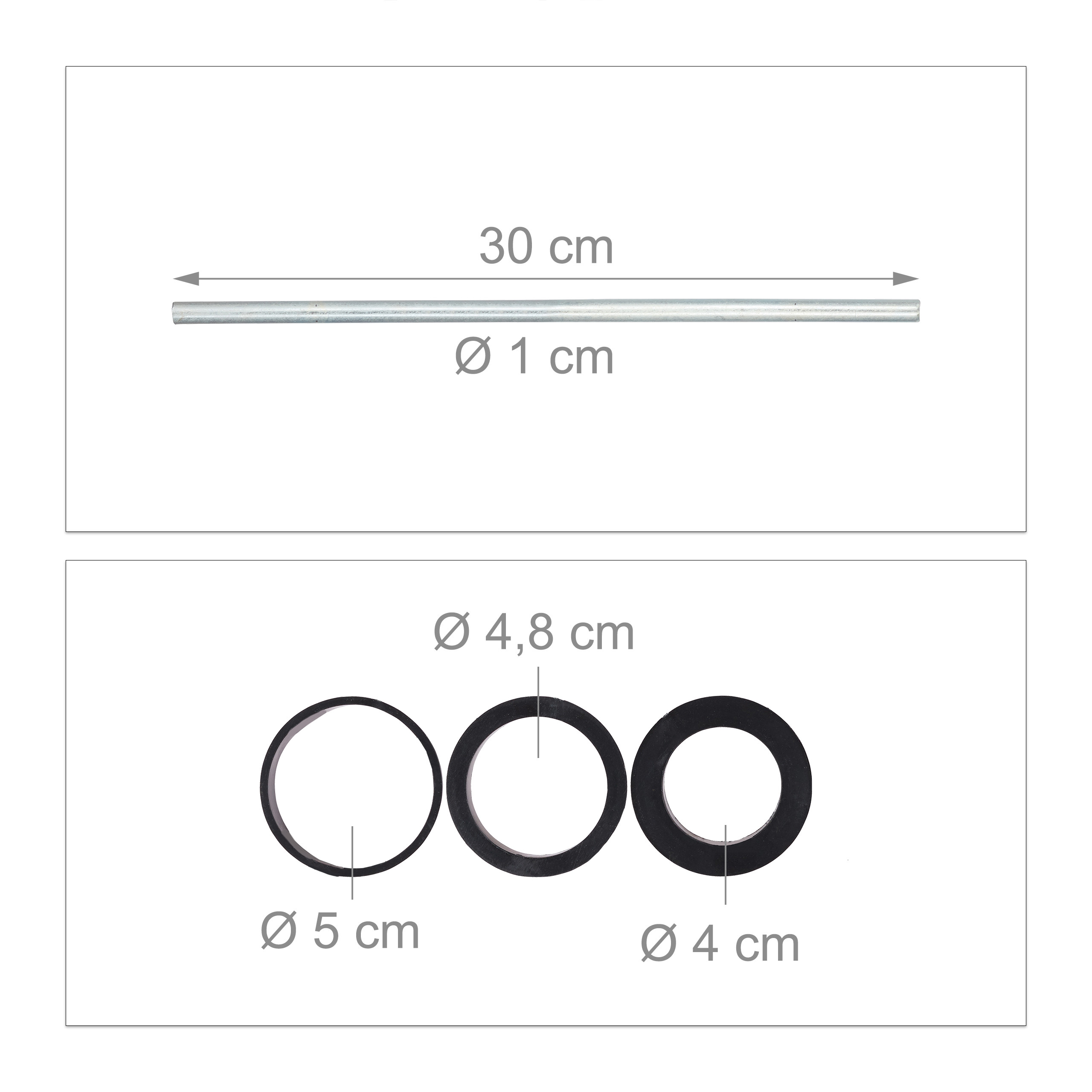 Diagramm zeigt einen 30 cm langen Stab mit 1 cm Durchmesser und drei Ringe mit 5 cm, 4,8 cm und 4 cm Durchmesser.