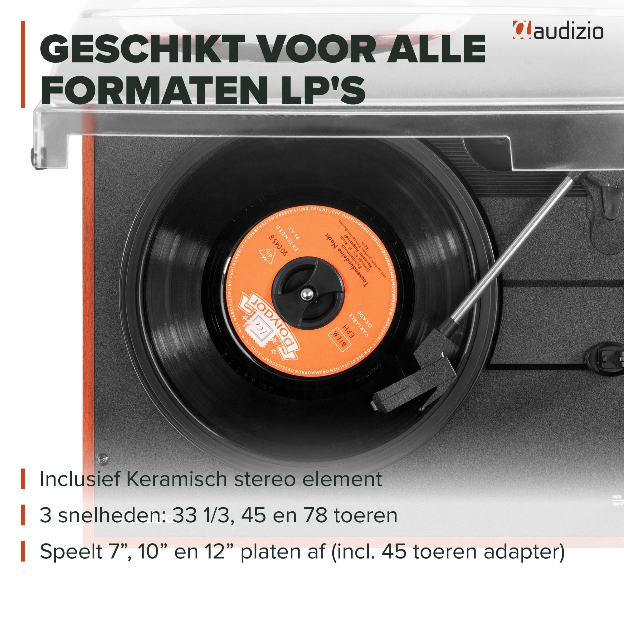 Un tocadiscos con un vinilo naranja de Polydor girando, texto promocional en holandés y detalles.