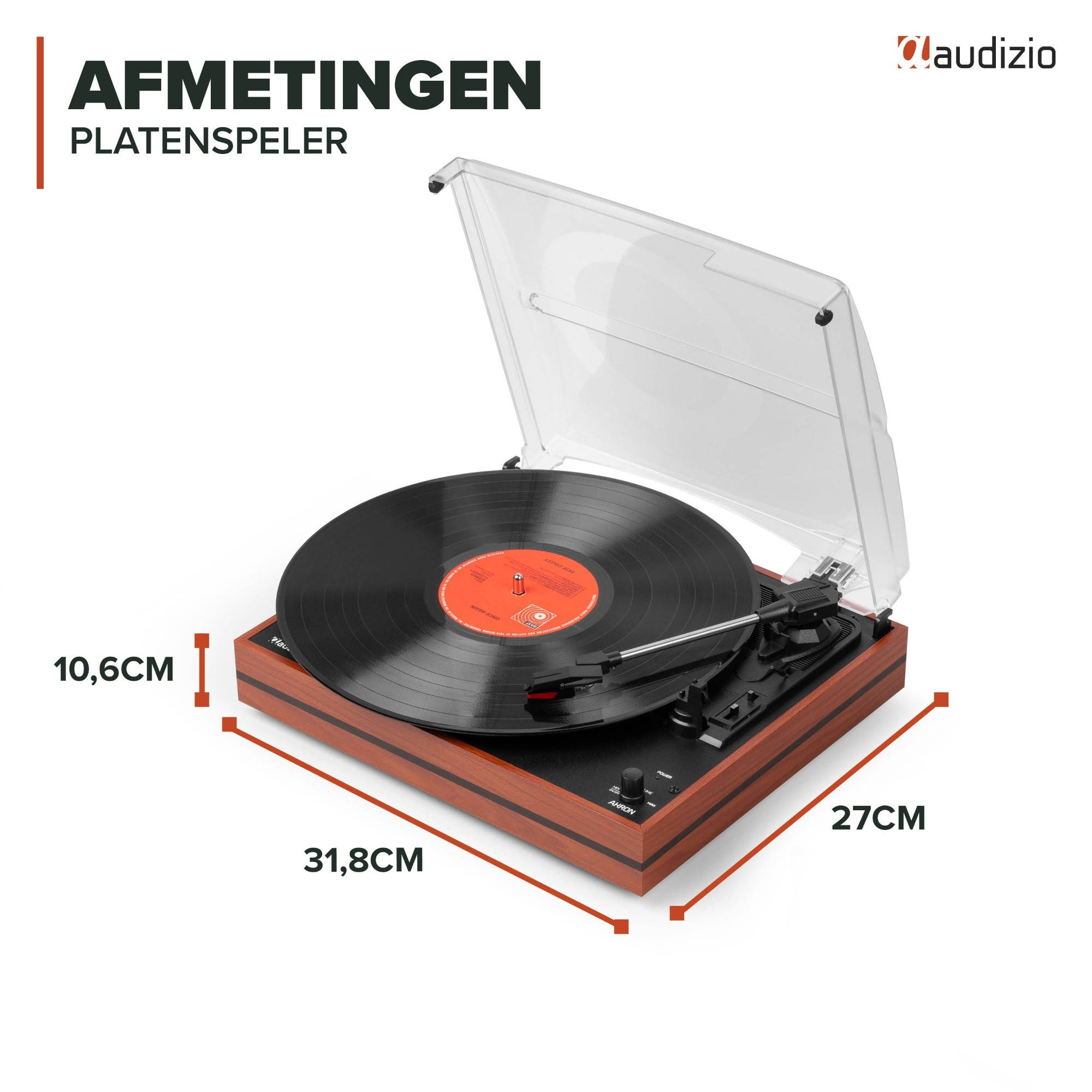 Tocadiscos Audizio con veta de madera y tapa transparente, dimensiones 31,8x27x10,6 cm.