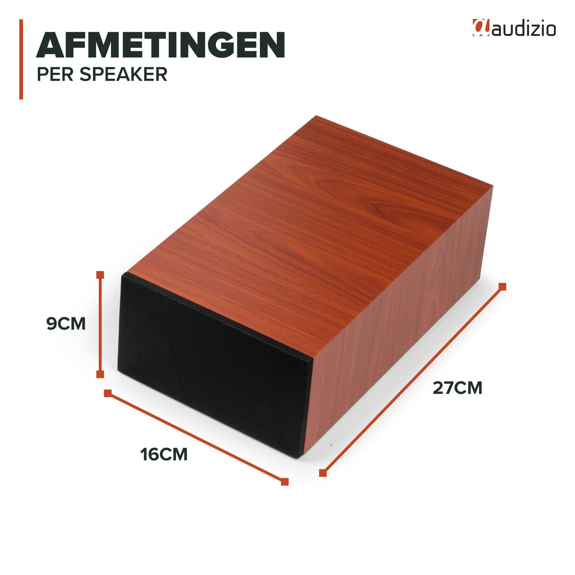 Diagrama de altavoz de madera con dimensiones: 9cm de alto, 16cm de ancho, 27cm de largo.