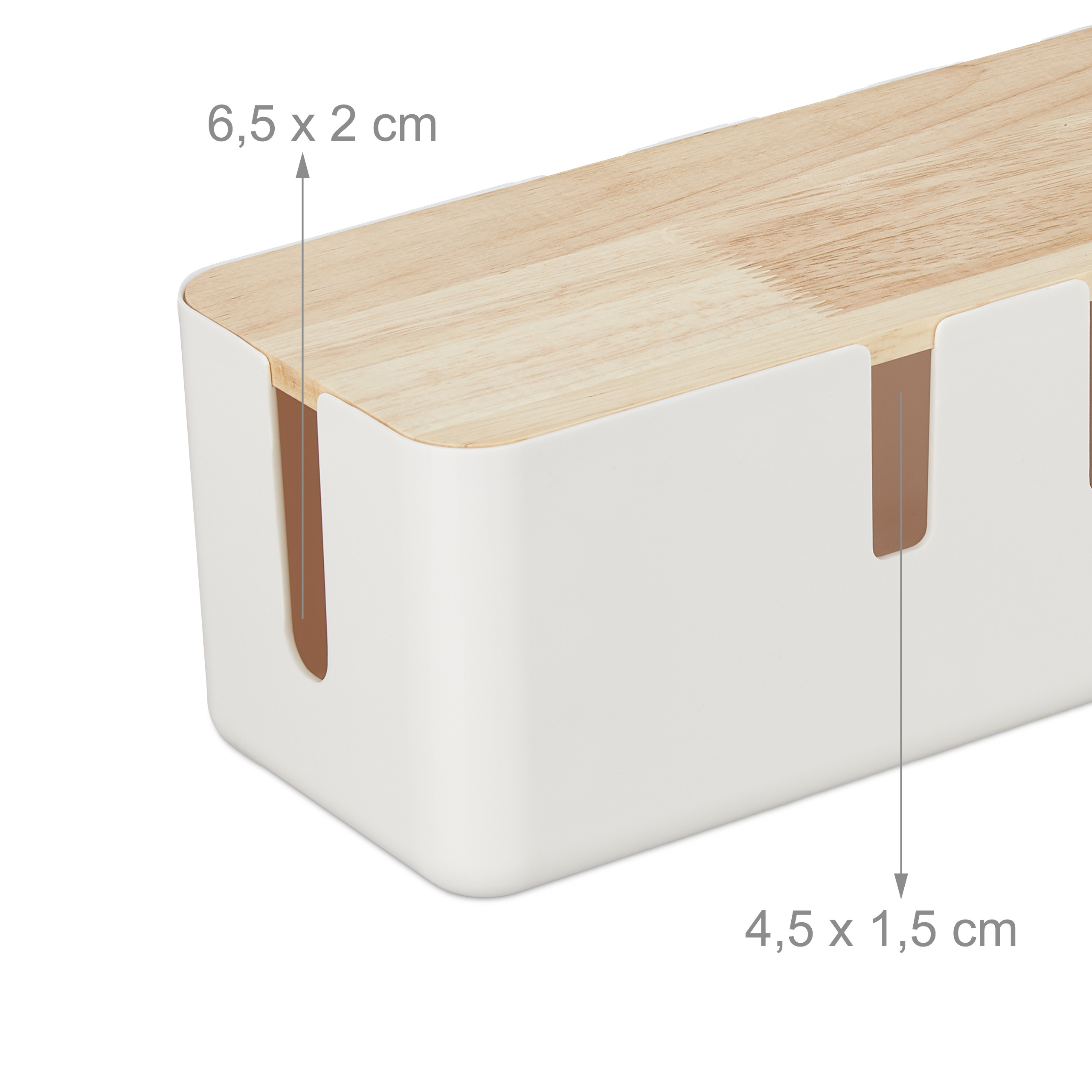 Weiße Kabelbox mit Holzdeckel und Maßangaben in cm.