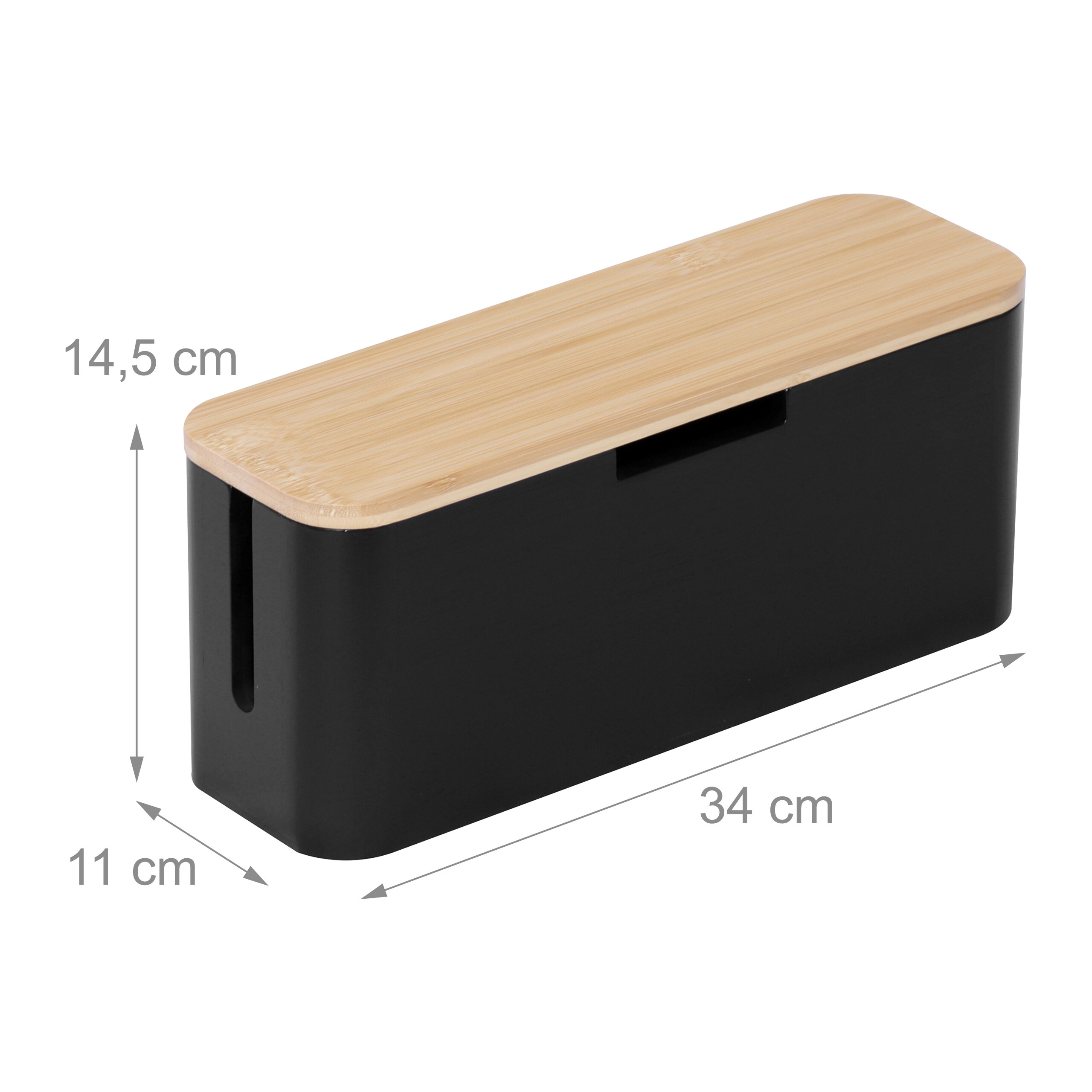 Schwarze Kabelbox mit Holzedeldeckel, Maße 34x11x14,5 cm auf weißem Hintergrund.
