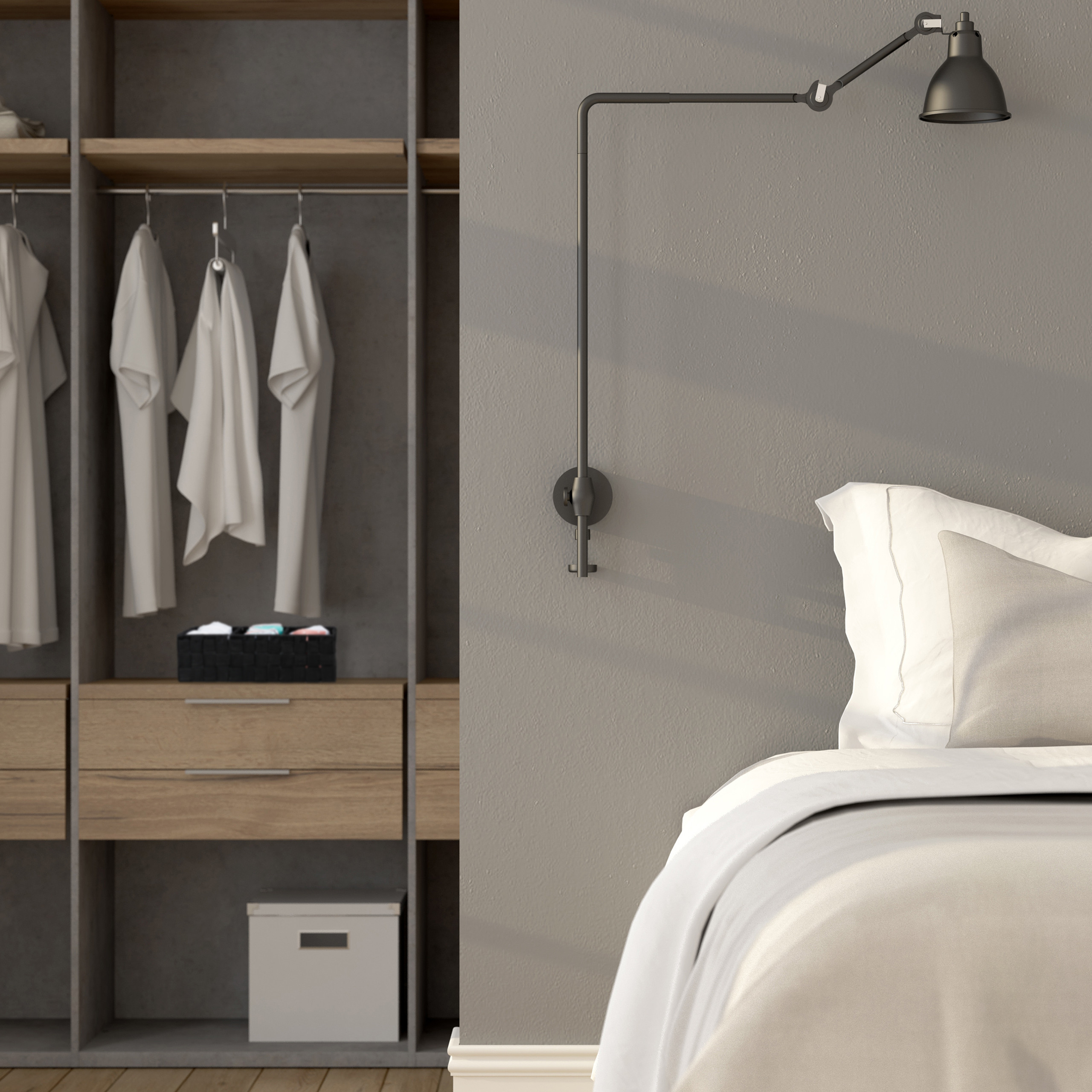 Moderne Schlafzimmerecke mit Bett, Wandleuchte und offenem Kleiderschrank.