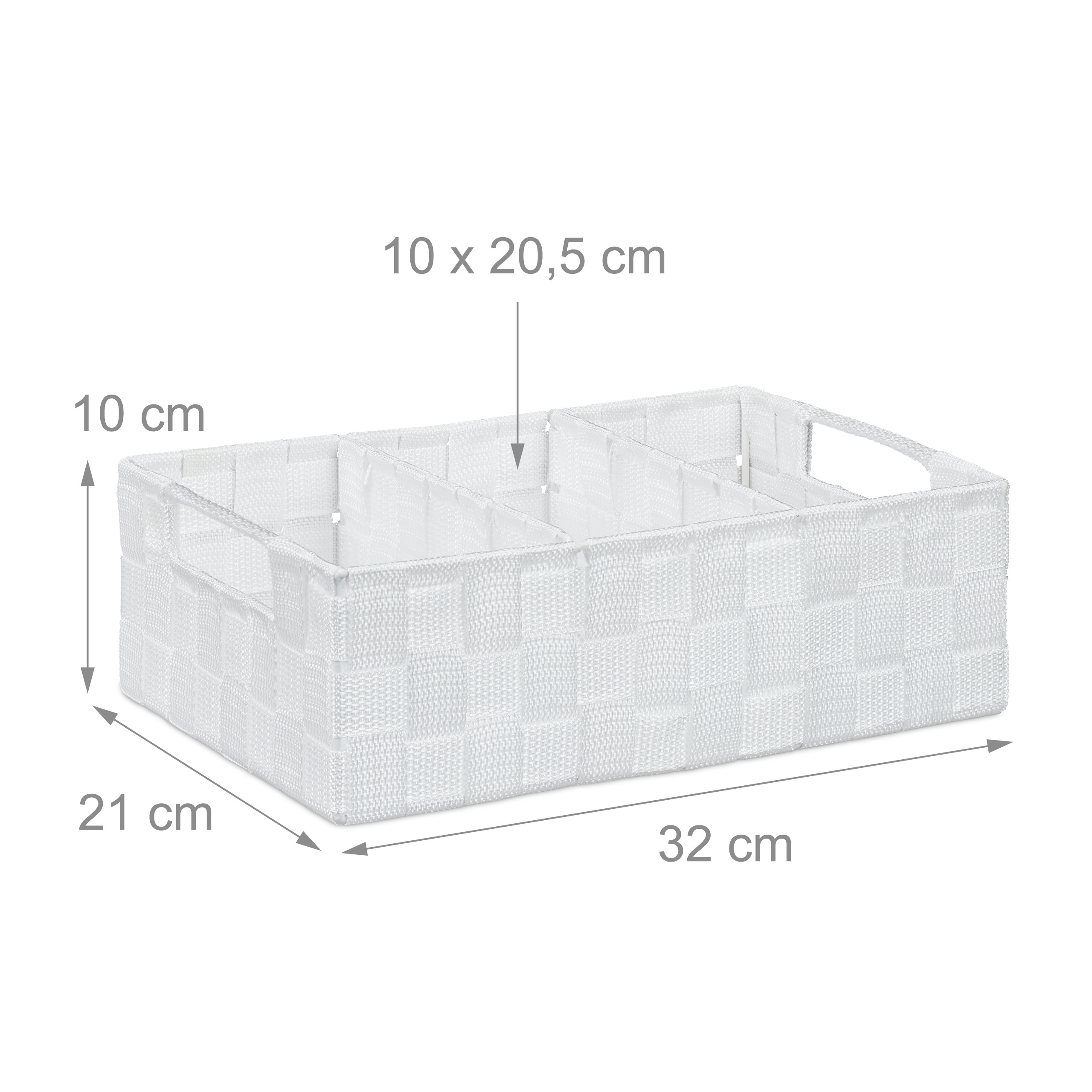Weißer geflochtener Aufbewahrungskorb mit vier Fächern und Abmessungen von 32x21x10 cm.