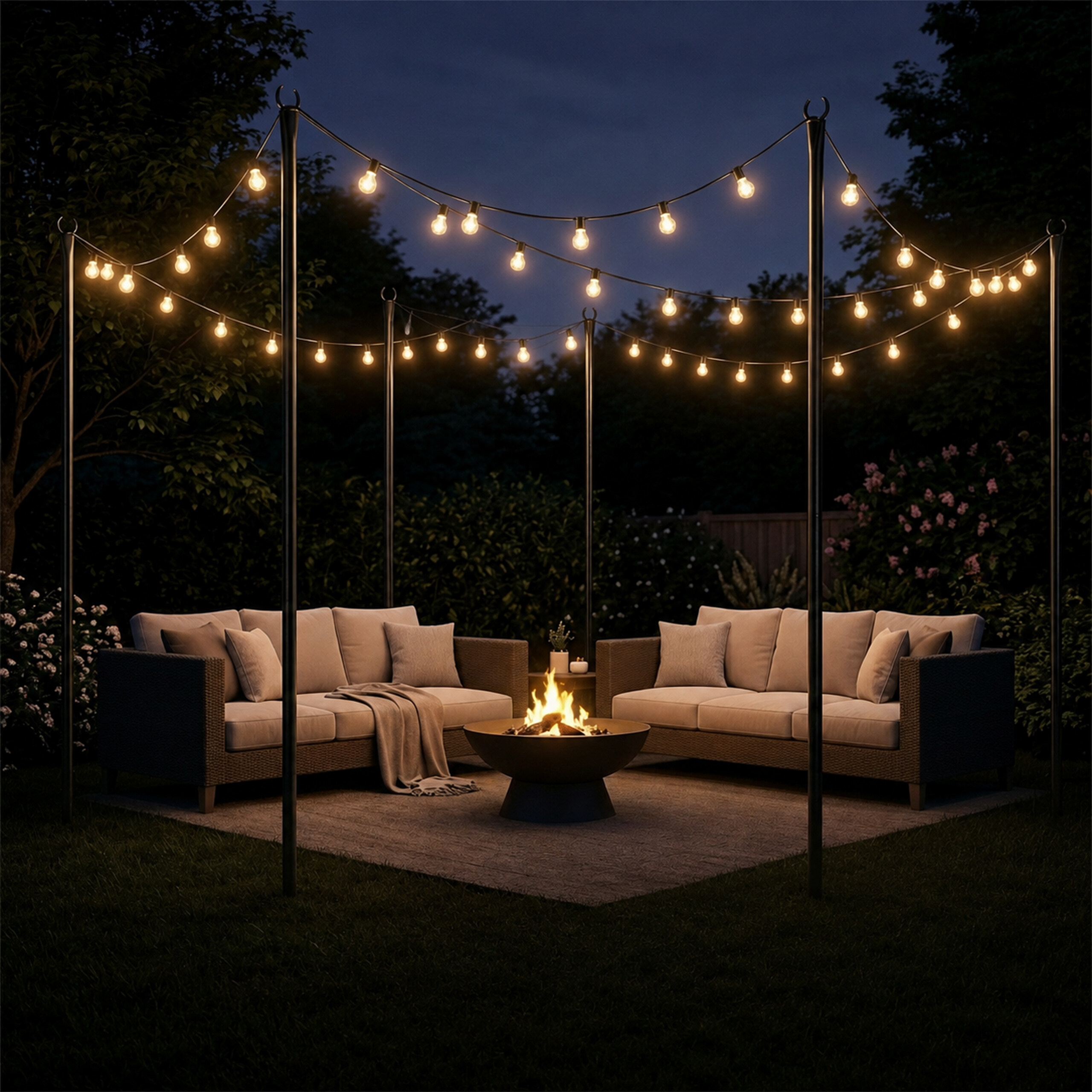 Eine nächtliche Terrasse mit zwei Sofas, einer brennenden Feuerschale und Lichterketten an Metallstangen.