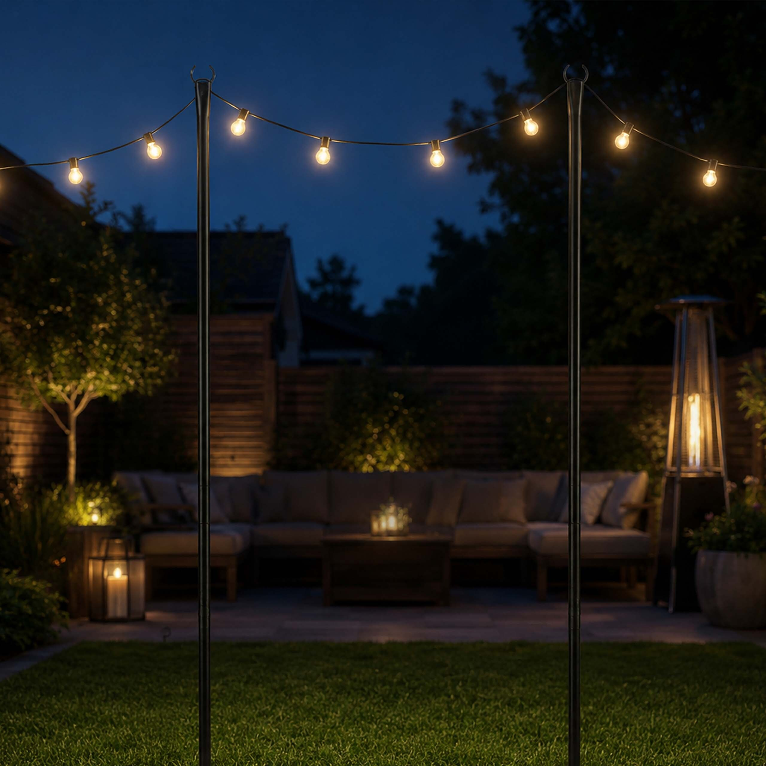 Lichterketten hängen zwischen zwei Stangen über einer dunklen Garten-Terrasse mit Sofa, Heizstrahler und warmem Licht.