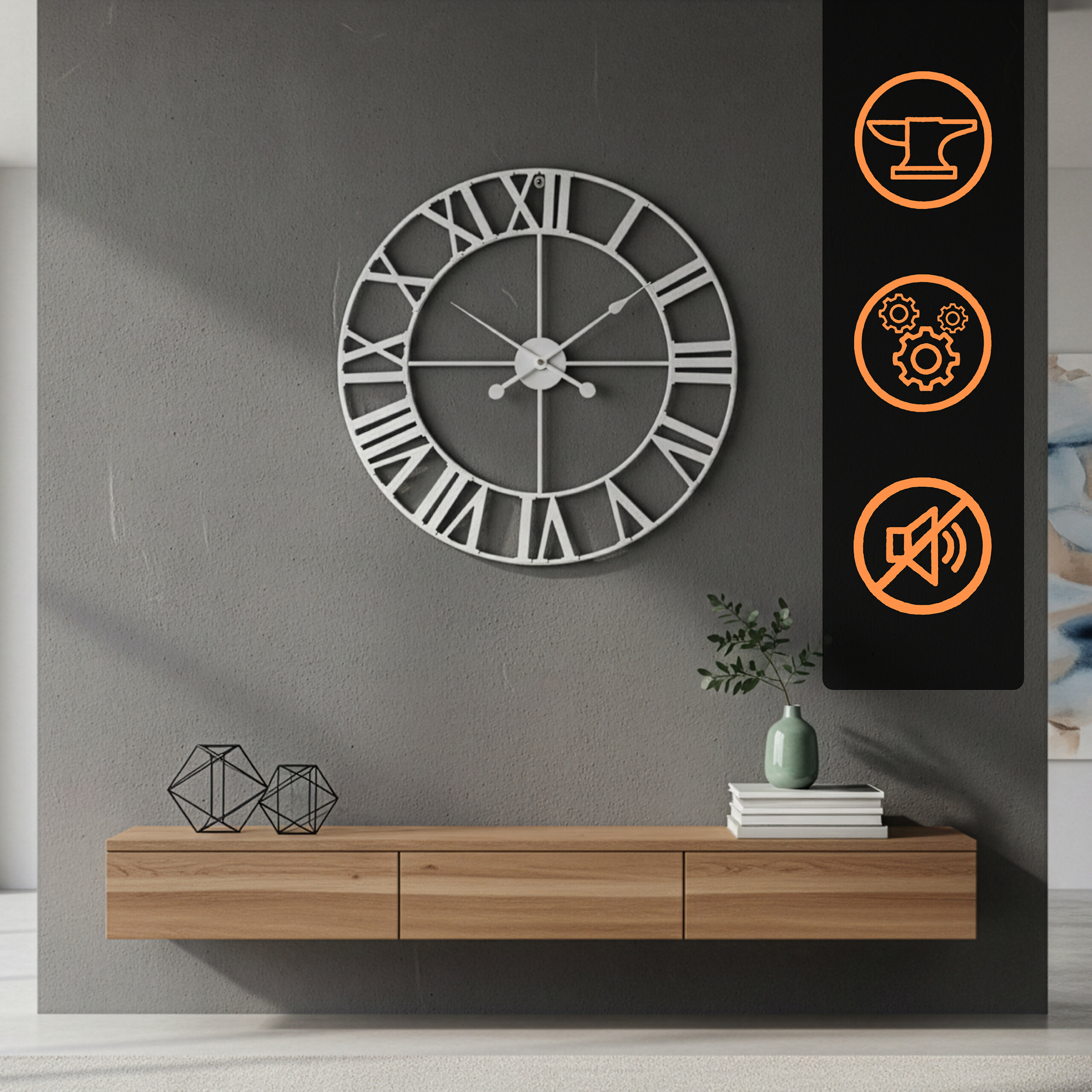 Eine große römische Ziffernwanduhr hängt über einem modernen Holzkonsolentisch auf grauer Wand.