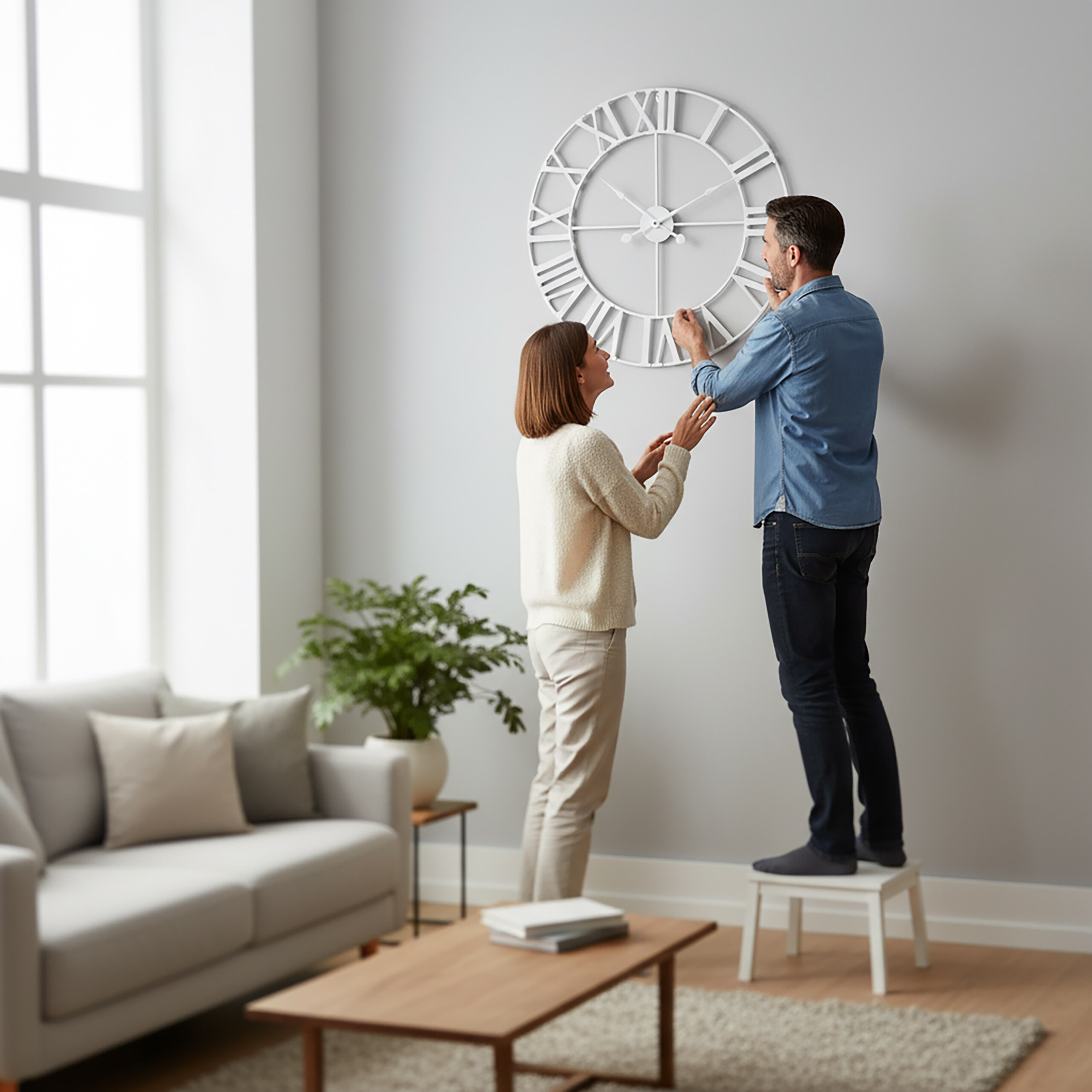 Ein Mann auf einem Hocker und eine Frau hängen eine große weiße Wanduhr in einem hellen Wohnzimmer auf.