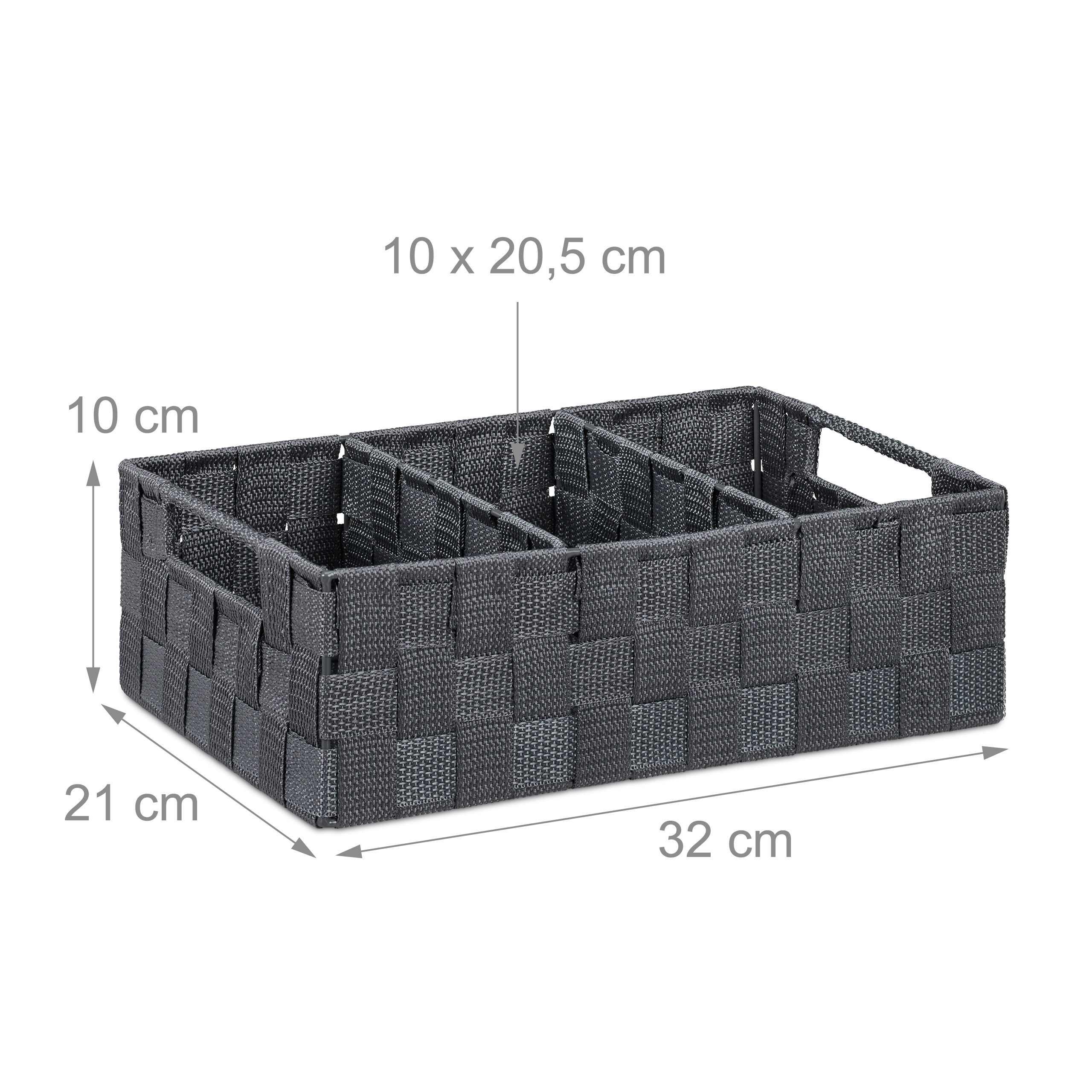 Dunkelgrauer geflochtener Aufbewahrungskorb mit vier Fächern, Maße 32x21x10 cm auf weißem Hintergrund.