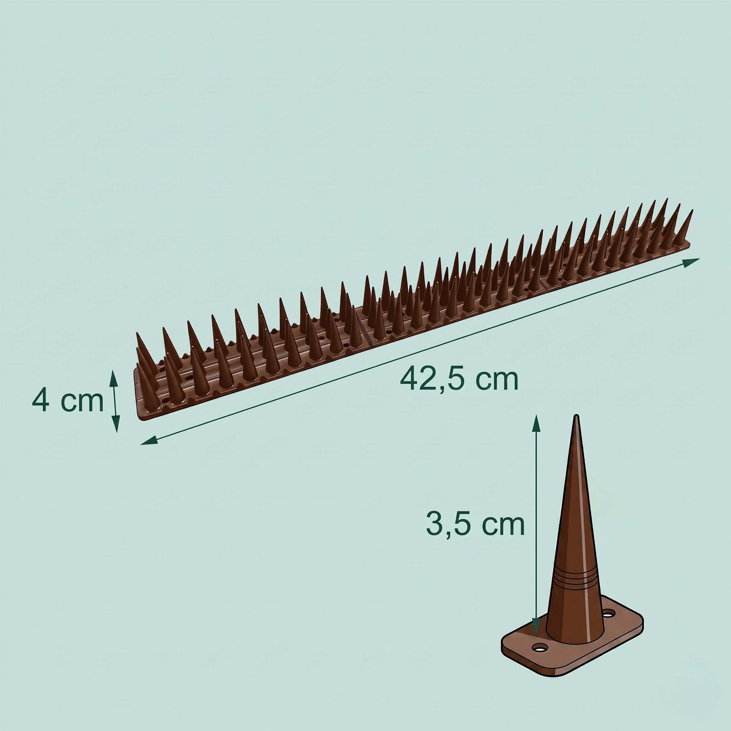 Braune Vogelschutzspitzen mit Maßen: 42,5 cm lang, 4 cm hoch und einem einzelnen Spike von 3,5 cm Höhe.