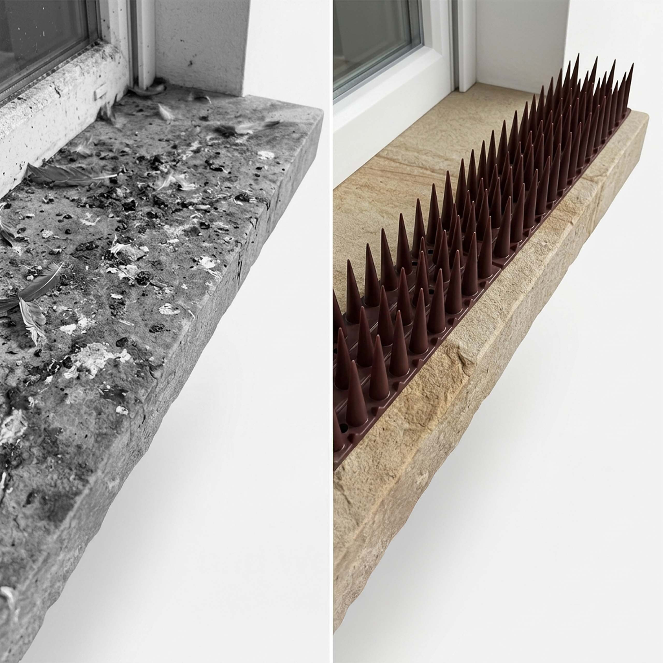 Vorher-Nachher-Vergleich: Fensterbank verschmutzt durch Vögel und danach mit braunen Vogelschutzspikes versehen.