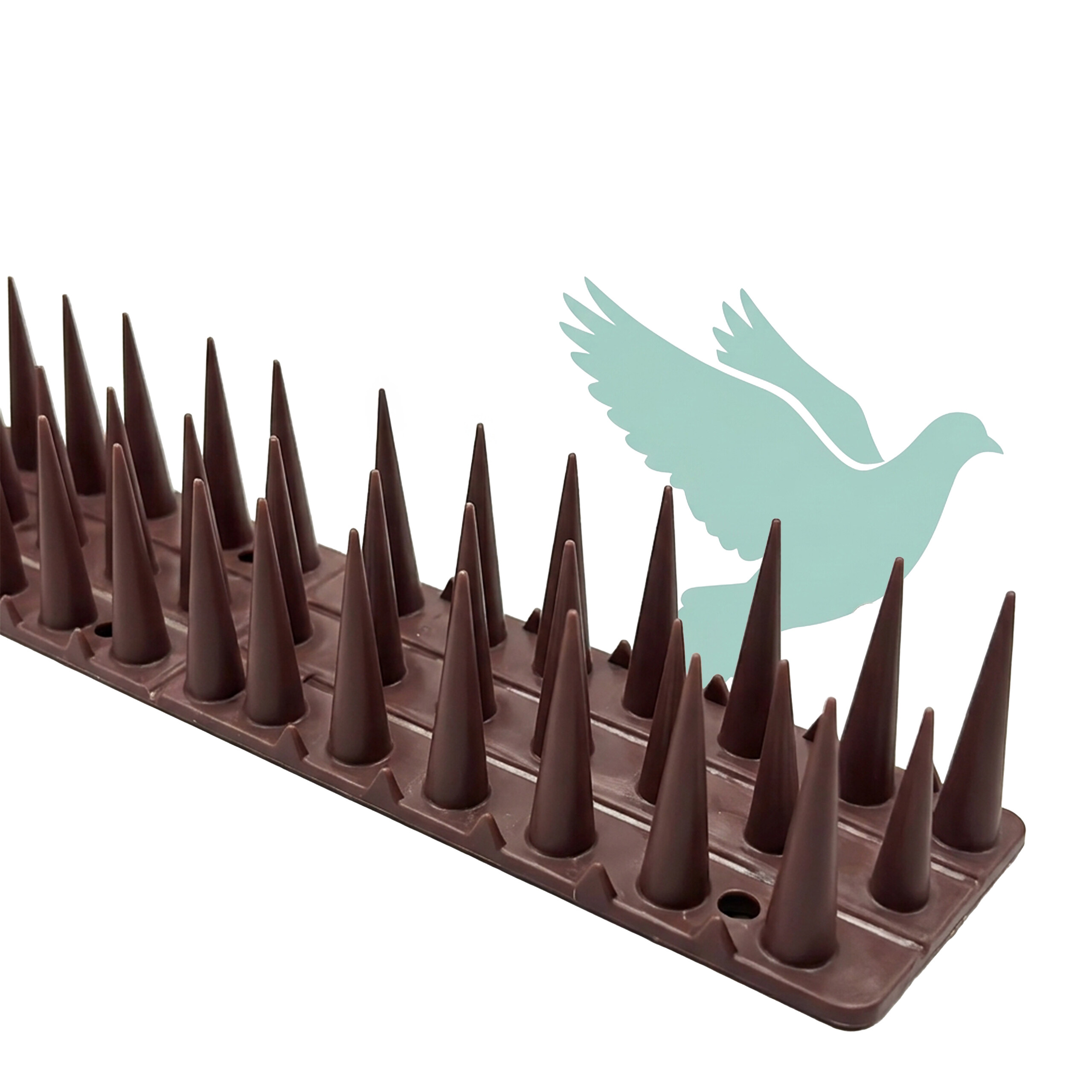 Braune Plastik-Vogelabwehrspitzen auf weißem Grund mit einer blauen Taubengrafik.