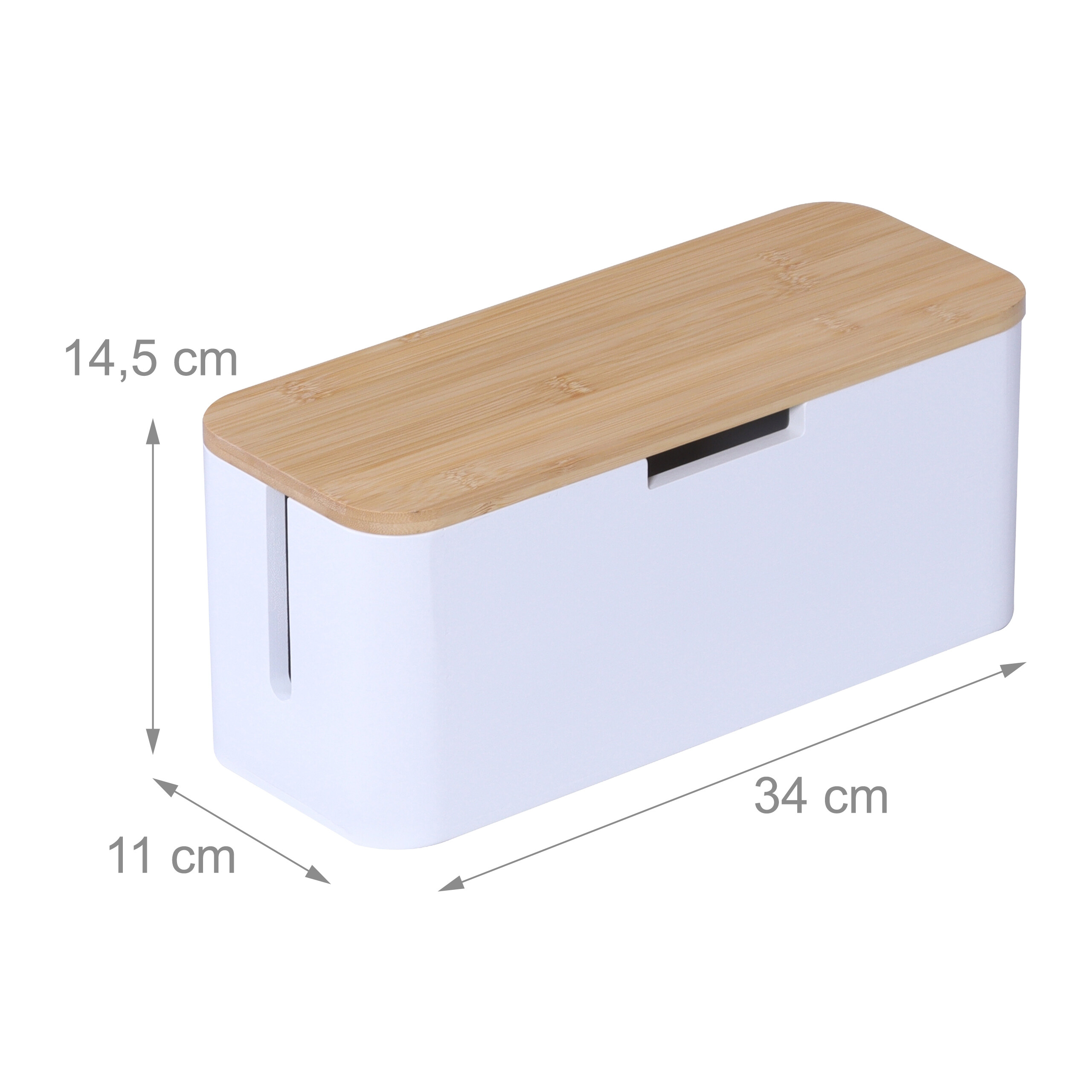 Eine weiße Kabelbox mit Bambusdeckel, versehen mit Maßangaben von 34x11x14,5 cm auf neutralem Hintergrund.